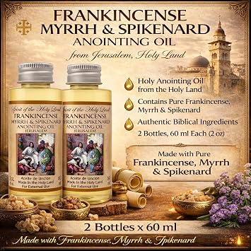 Frankincense Myrrh & Spikenard Anointing Oil Blend from Jerusalem 2 x 60 ml | Holy Land Blessing Gift Set, Includes Prayer Card