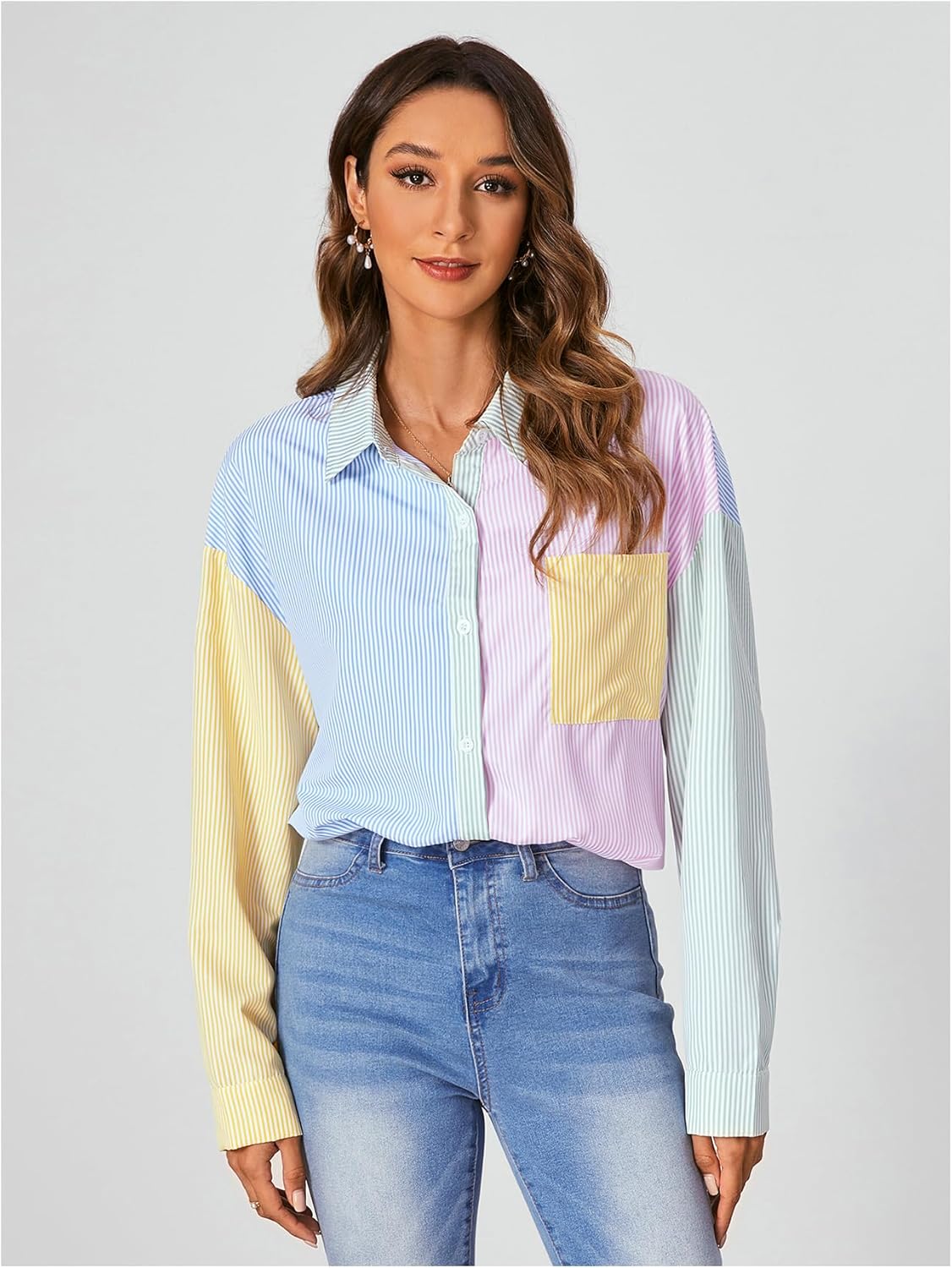 MakeMeChic Women's Striped Colorblork Blouse Oversized Collared Button Down Shirt Long Sleeve Top - Image 6