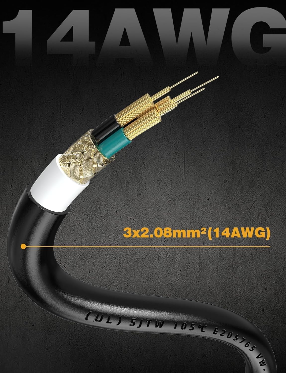 Ancable 9FT 14/3 Replacement Power Cord for Appliances & Power Tools, 14AWG 3 Prong Open End Pigtail, 15A 1875W 125V NEMA 5-15P, UL Listed