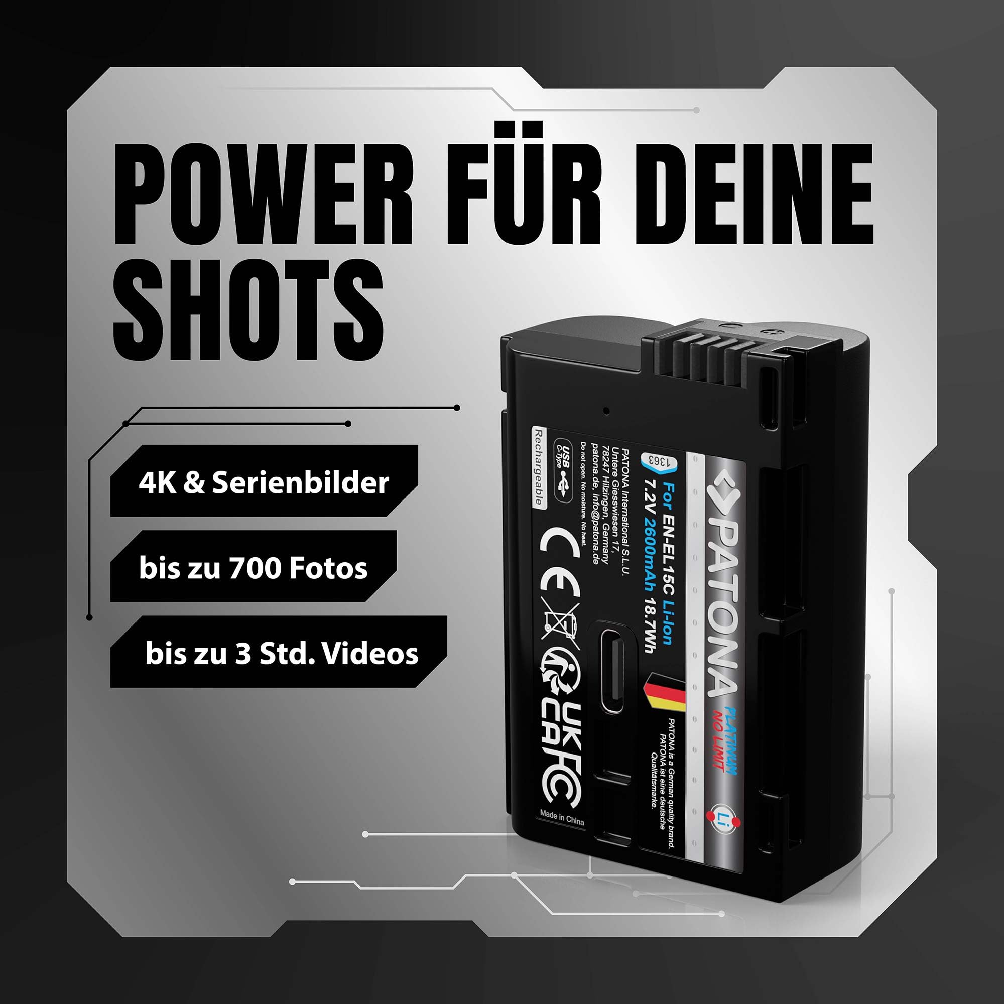 PATONA Platinum EN-EL15C Akku 2600mAh mit USB-C – Ersatz für Nikon EN-EL15 EL15b EL15c – kompatibel mit Z5 Z6 II/III Z7 II Z8 ZF D7500 D850 D780 D750 D500 – direkt am Akku Laden
