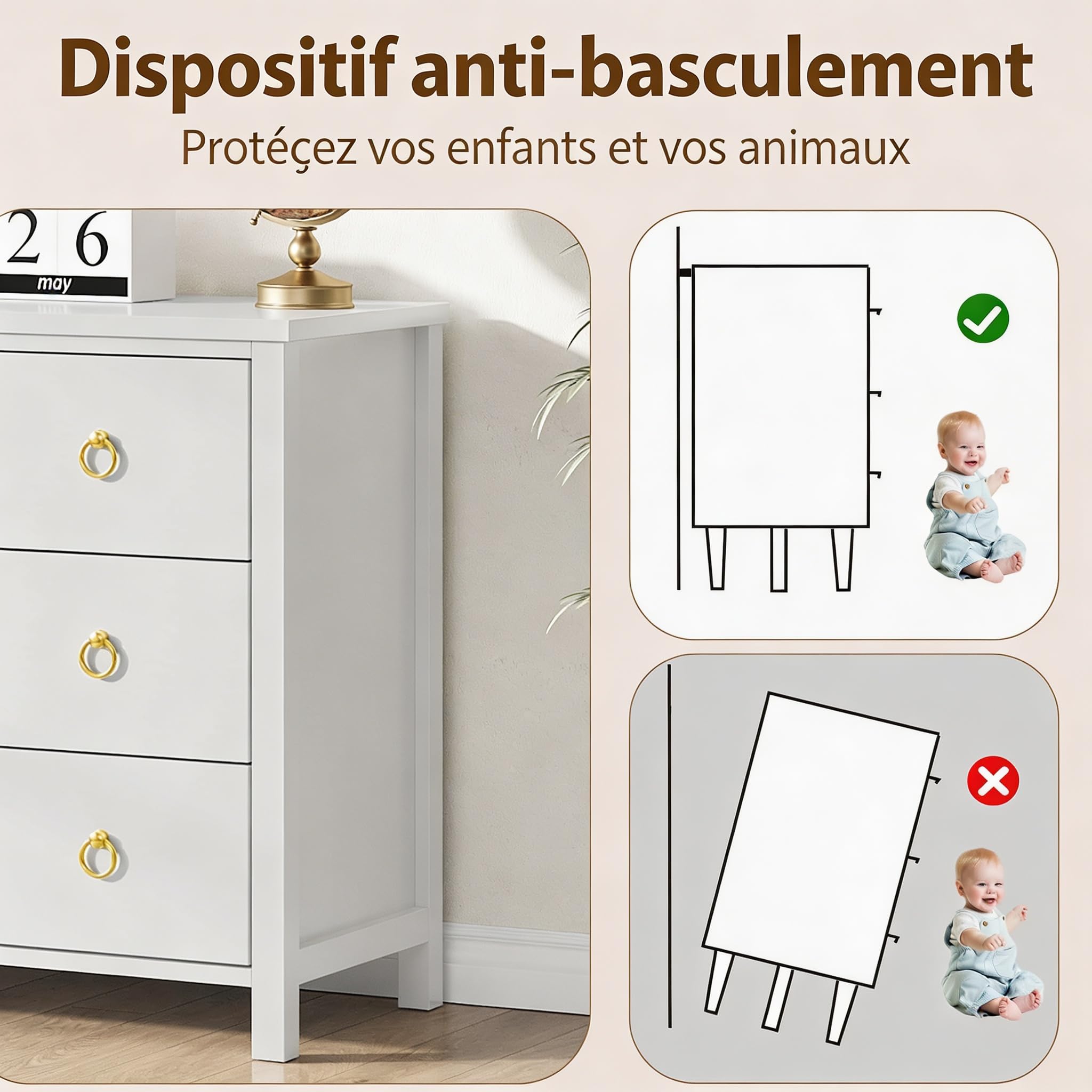 Commode 3 tiroirs Blanche poignées dorées