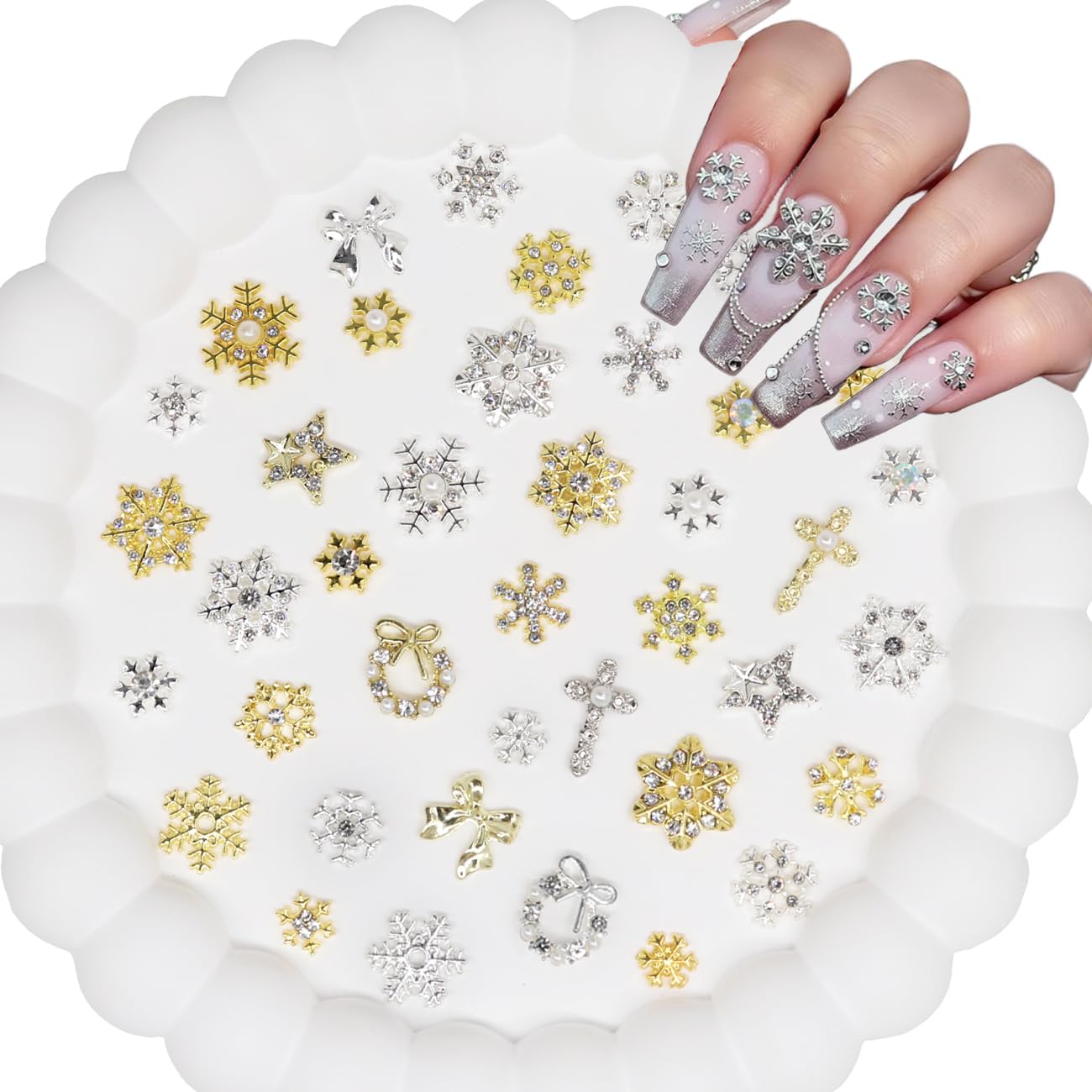 40 PCS Christmas Nail Charms and Gems 3D Rhinestones Snowflake Garland Cross Nail Art Jewelry Gold Silver Nail Supplies Accessories for Acrylic Nails Decorations for Women Girl Manicure DlY Crafts-image-49