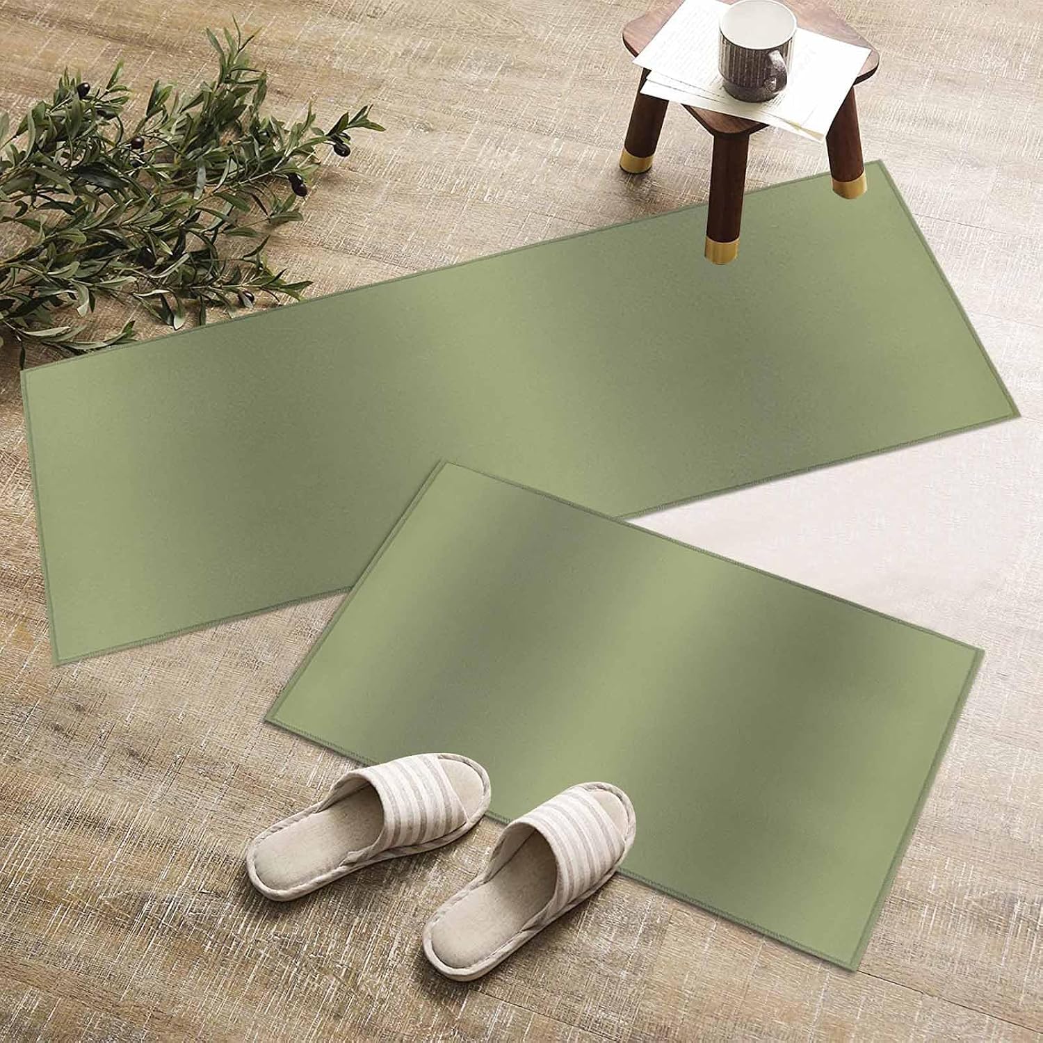 Kitchen Mats for Floor Farmhouse Dark Green Gradient Washable Non Slip Kitchen Rugs 2PCS, Retro Nordic Style Absorbent Standing Mats for Sink Bathroom Office Living Room 15.7x23.6in+15.7x47.2in