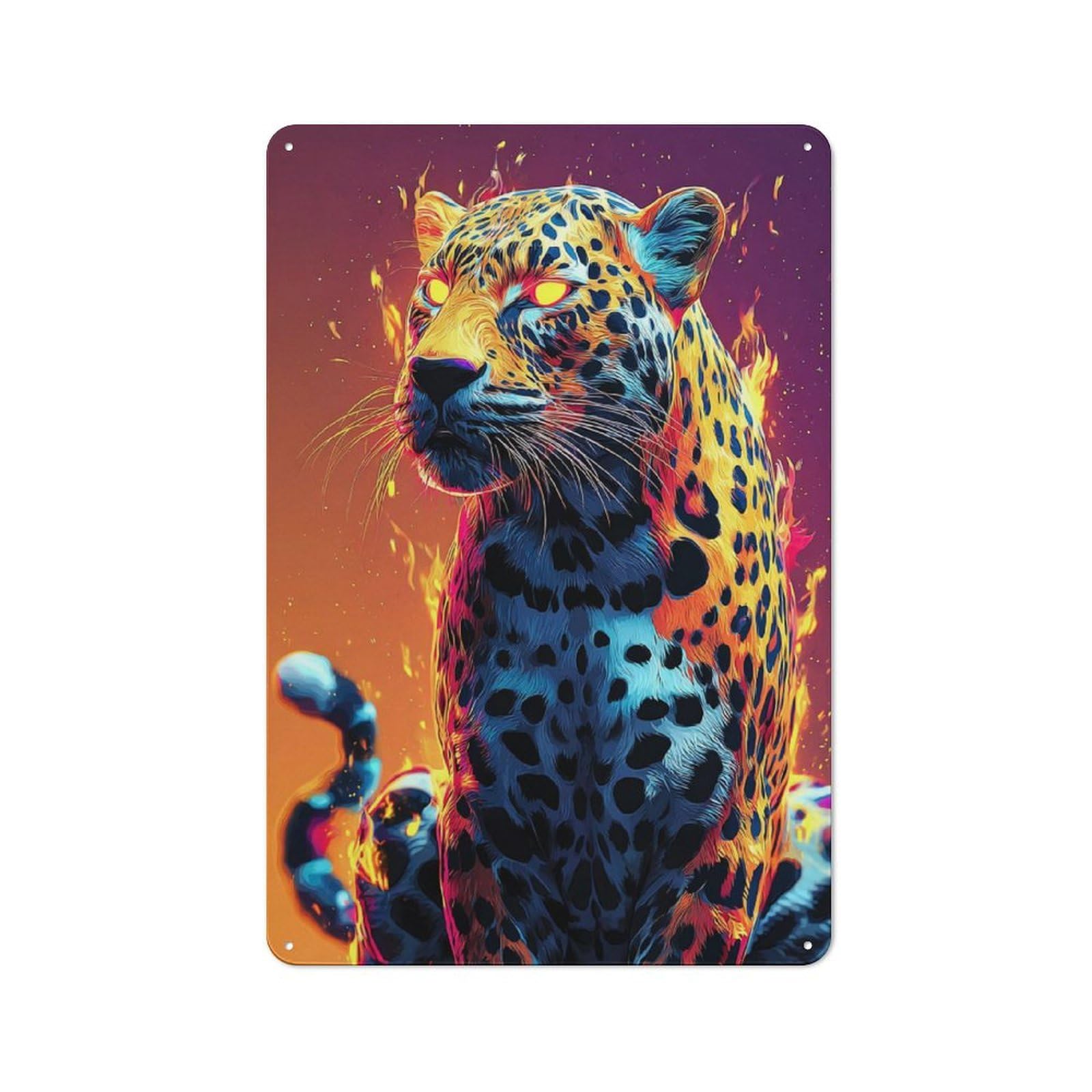 Junmoney Flaming Leopard Digital Art Rustic Tin Sign 30X20cm Featuring For Living Room Wall, For Metal Sign Collectors, For Garage And Workshop Walls