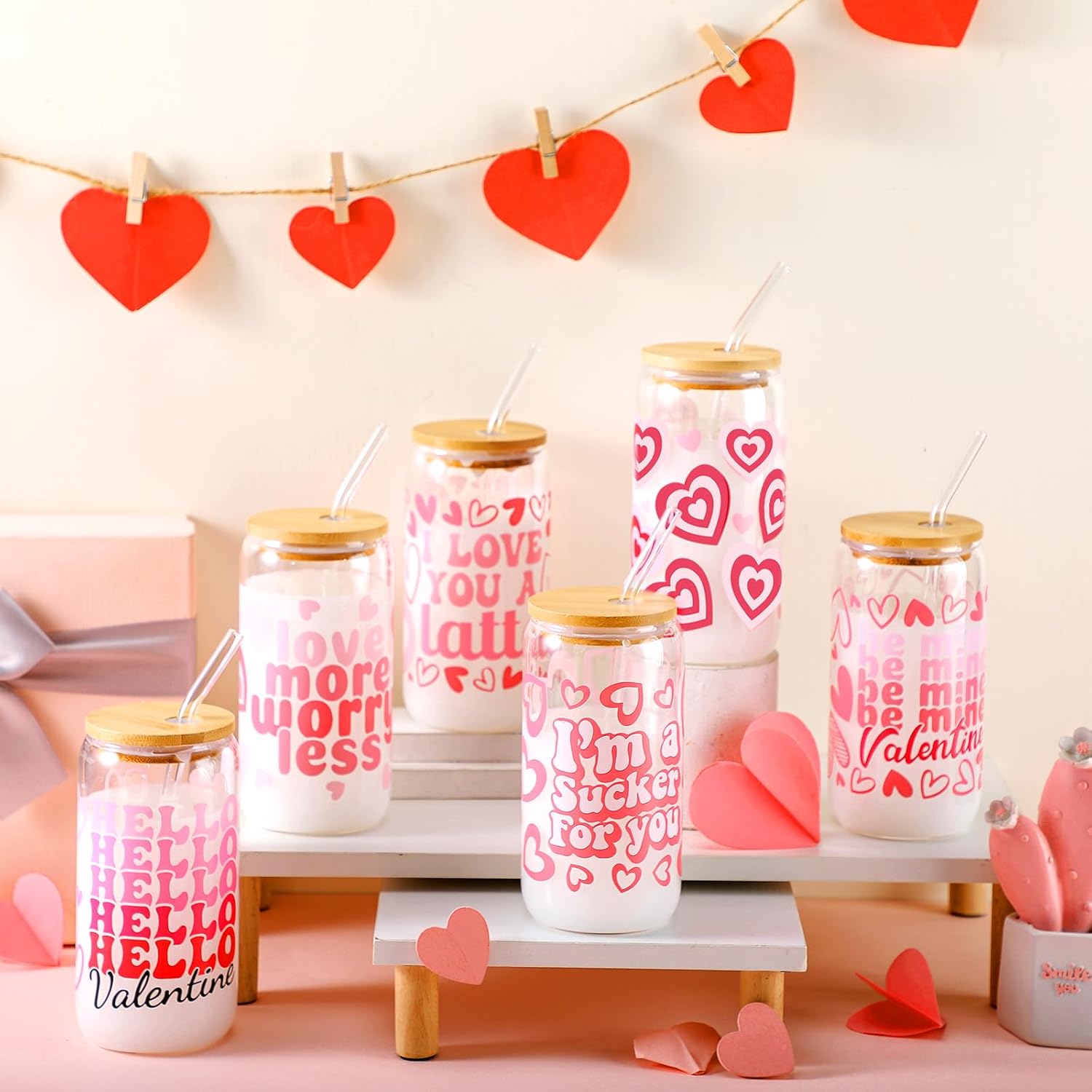 6 Pcs Valentines Glass Tumbler Gifts Galentines 16 oz Pink Heart Glass Cup with Bamboo Lid and Straw Valentines Can Shape Drinking Glasses Iced Coffee Cup for Her Birthday Presents