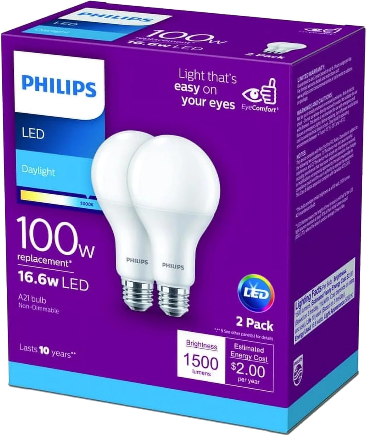 PHILIPS LED Frosted Dimmable A19 Light Bulb - Pack of 2 - EyeComfort Flicker Free - 16W = 100W - 1600 Lumen - Daylight (5000K) - E26 Base - Indoor - Title 20