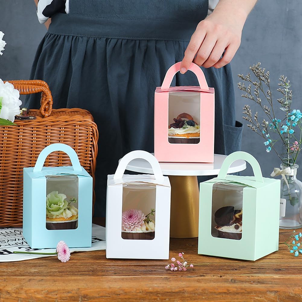 24 Pcs Cupcake Boxes Individual Cupcake Containers with Window Insert and Handle Single Cupcake Holder Box Muffins Carriers Cardboard Bakery Bakeware Boxes