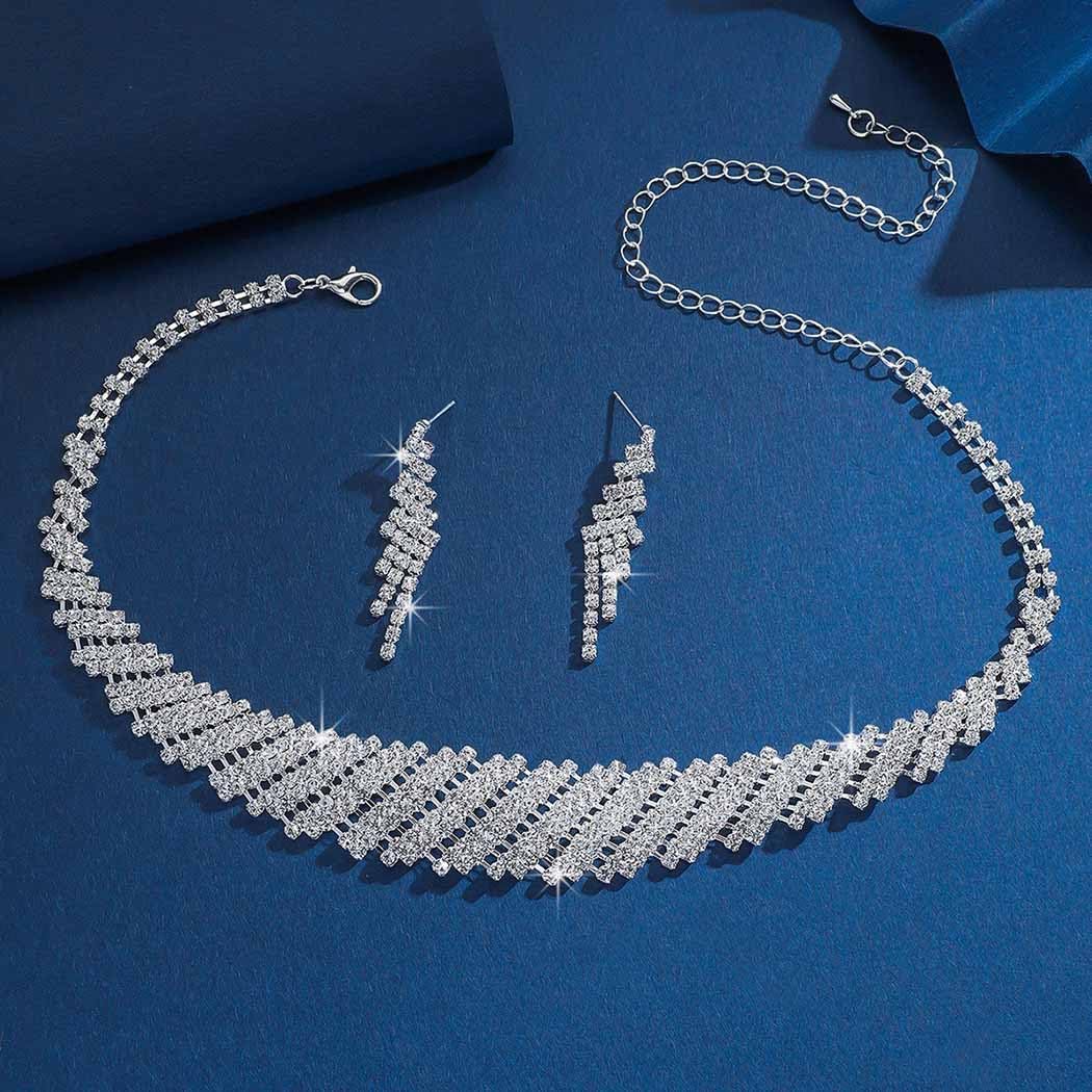 Gangel Silver Bridal Wedding Jewelry Set Rhinestone Necklace and Earring Formal Prom Crystal Choker Sets for Women - Image 3