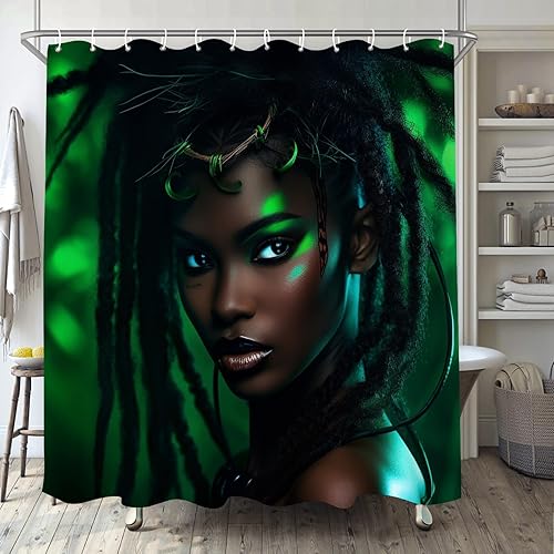 Cortina de ducha para niñas afroamericanas para baño, juego de cortina de ducha bohemia con hojas verdes, tela de selva, decoración de baño moderna