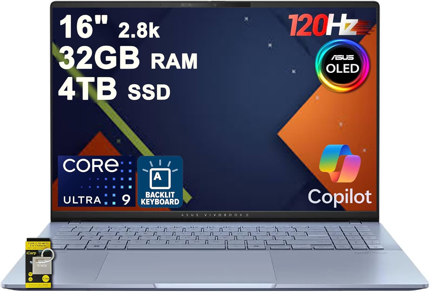 ASUS Vivobook S16 AI PC Laptop 16" 2.8k OLED 120Hz (600nits HDR, 100% DCI-P3) Intel 16-core Ultra 9 285H 32GB DDR5 4TB SSD Backlit for Creator Business Professional Work Win11 ICP Hub