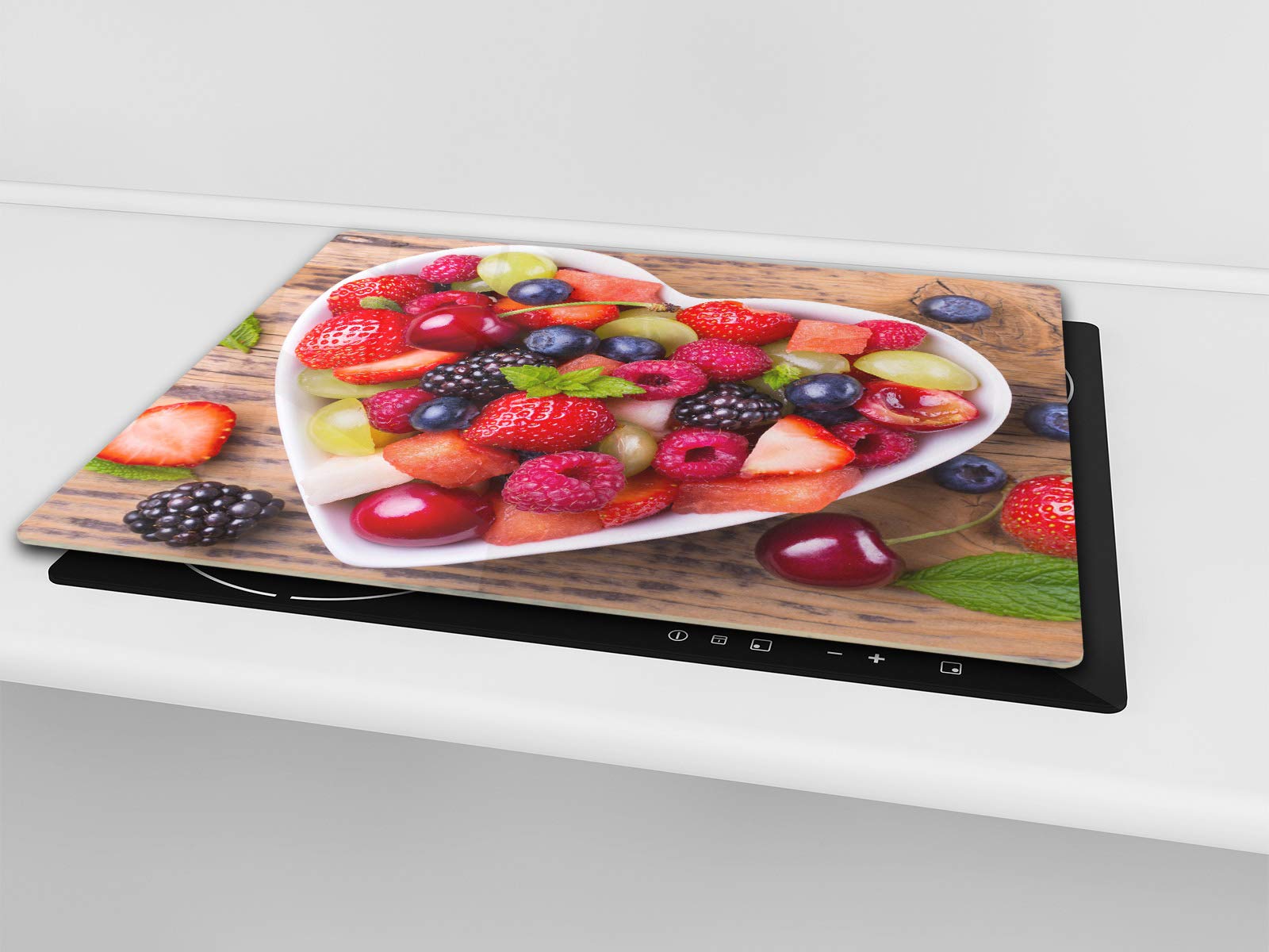 TEMPERED GLASS KITCHEN BOARD & Induction Cooktop Cover – Glass Pastry Board; MEASURES: SINGLE: 60 x 52 cm (23,62” x 20,47”); DOUBLE: 30 x 52 cm (11,81” x 20,47”); D07 Fruits and vegetables