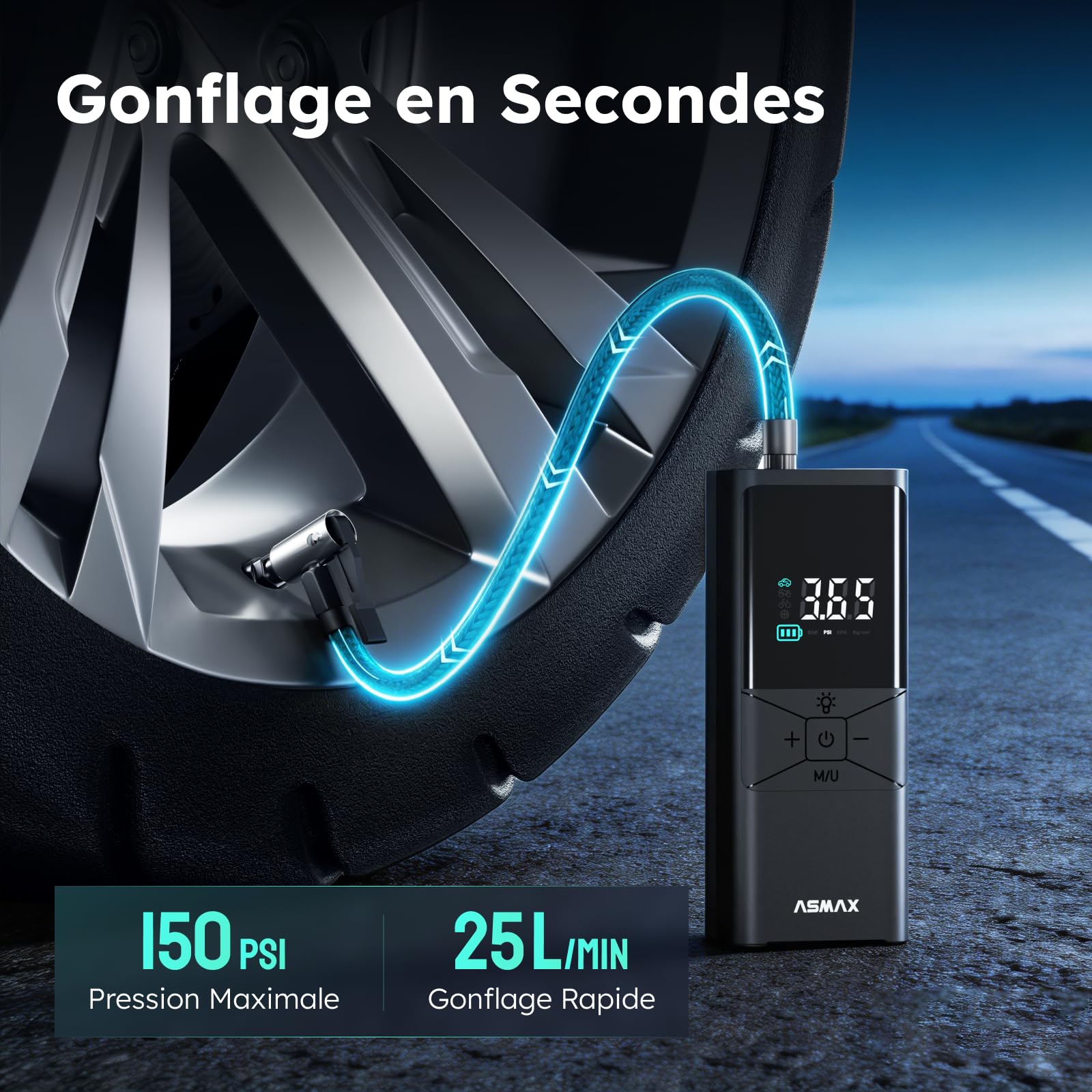 ASMAX T40 Compresseur d'air portable, 150 PSI Gonfleur de pneus | Avec écran numérique flottant, arrêt automatique intelligent, lumière LED, pompe à air pour voiture, moto, vélo et ballons