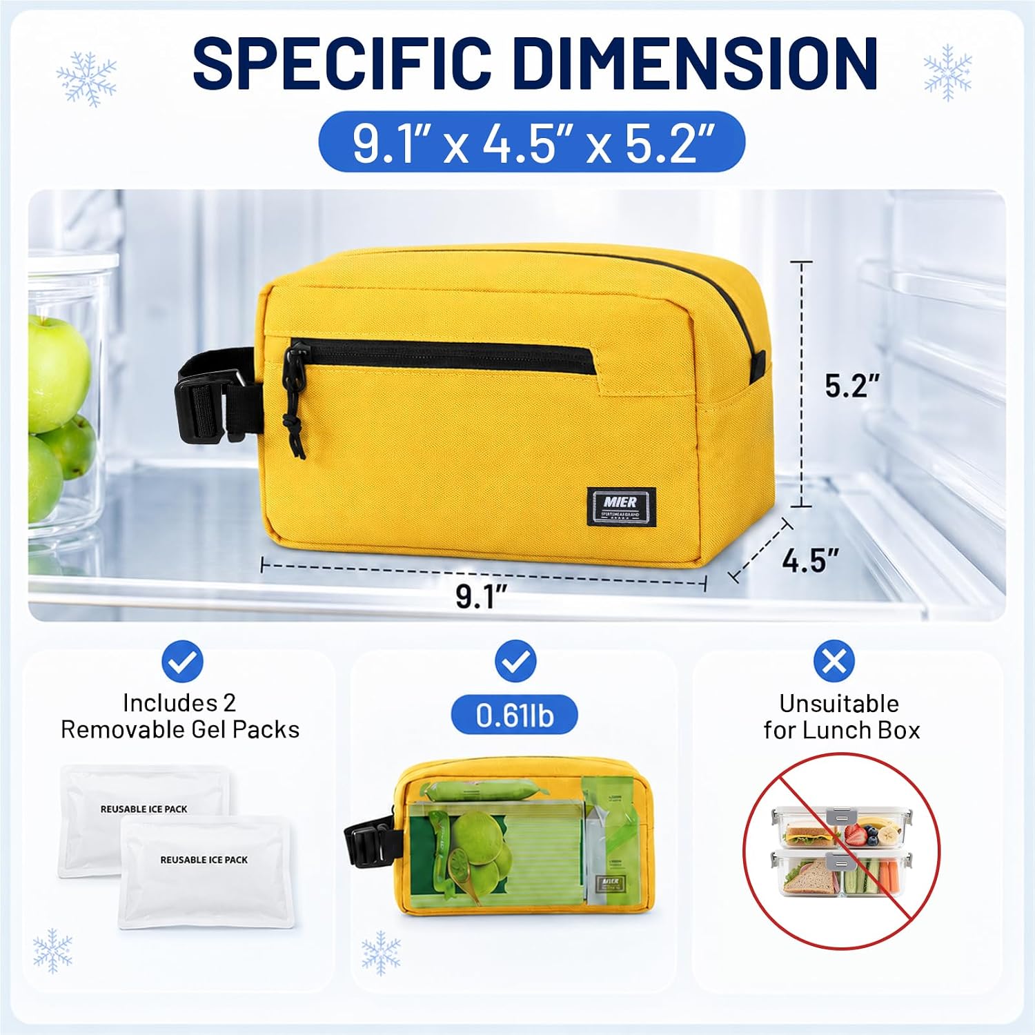 MIER Small Freezable Snack Bags Frozen Mini Cooler with 2 Gel Packs,Yellow