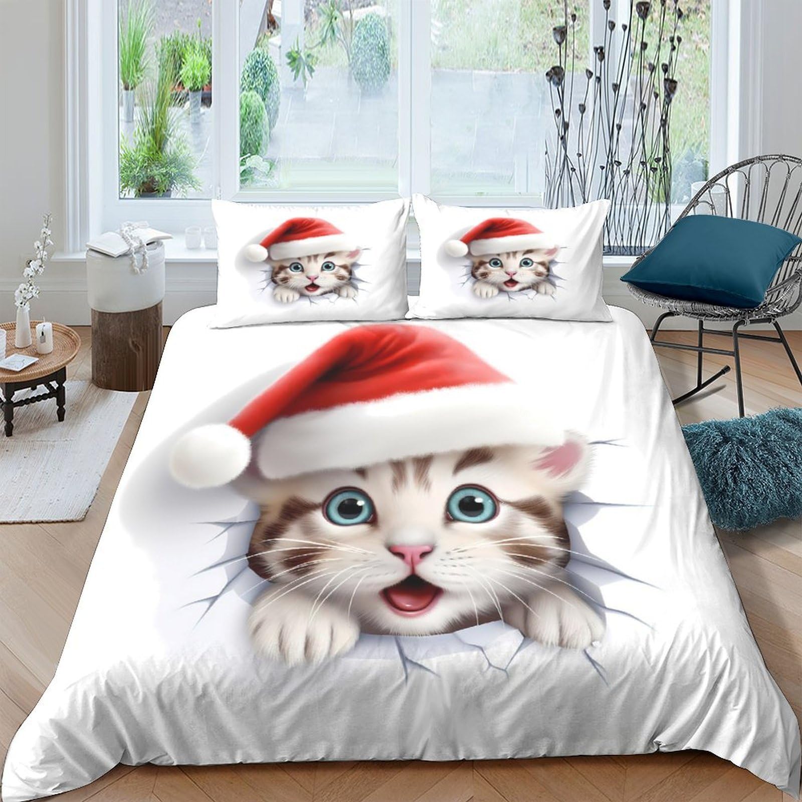 Ctjqhvkz Style-7 3D Printed Christmas Cat Fitted Sheet Microfiber Soft Santa Hat Bed Cover For Bedroom Guest Room Mattress Protection Single（135X200cm）