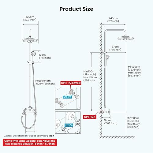 Miniatura 6 de gotonovo Sistema de grifo de ducha expuesto, cabezal de ducha de lluvia de 8 pulgadas con 8 funciones ABS de mano y doble mango cruzado montado en