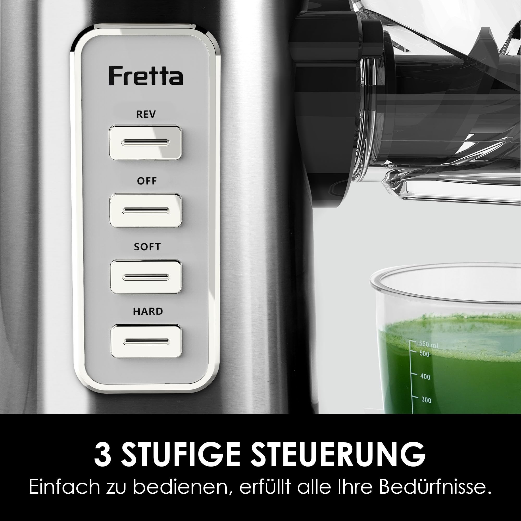 Fretta Entsafter Slow Juicer Entsafter Gemüse und Obst Testsieger Edelstahl | BPA-frei,Abnehmbare, Spülmaschinenfest,76mm Öffnung,Ganze Früchte,Hohe Saftausbeute,Leistungsstarke 200W,Leise,Umkehrfunktion
