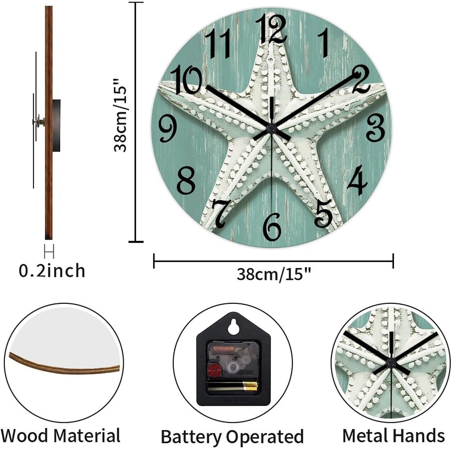 Funlucy Starfish Wall Clock Ocean Time Coastal Battery Operated Silent Non-Ticking PVC Clock 15x15 Inch for Home Kitchen Bathroom Bedroom Living Room Decor