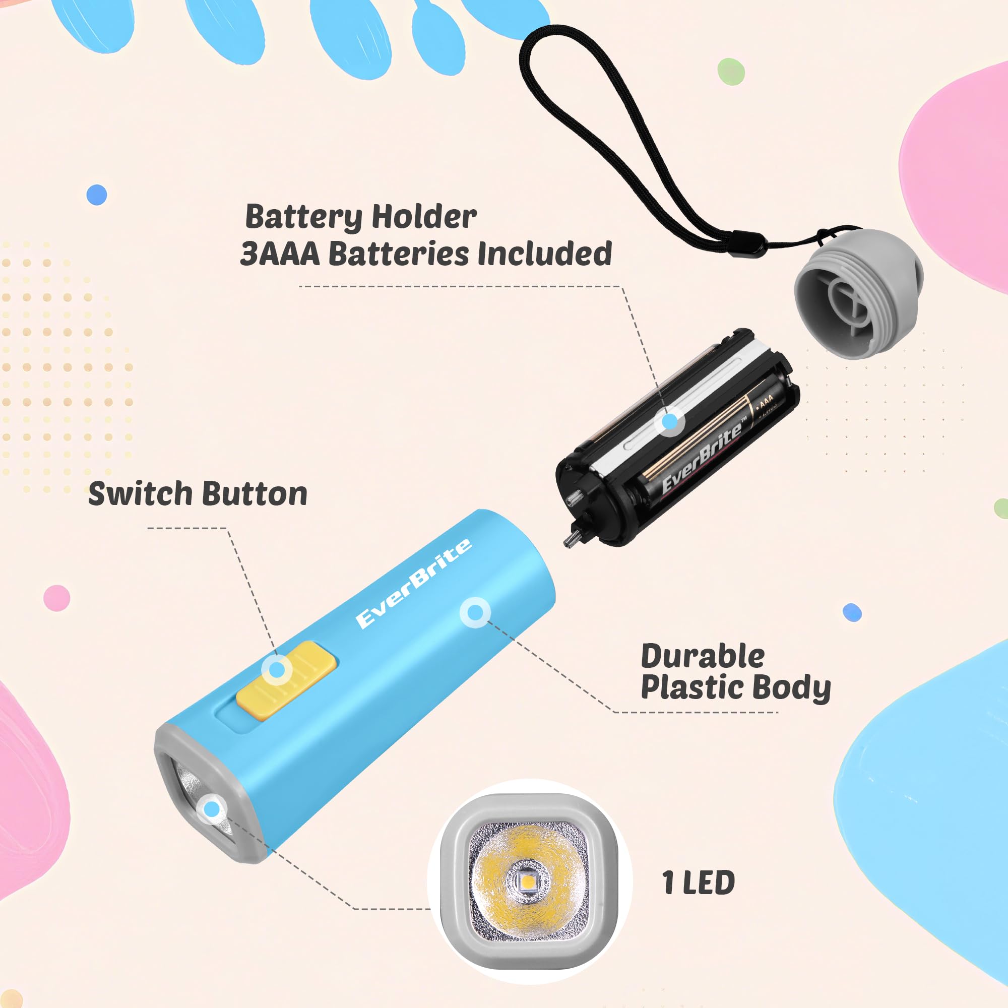 EverBrite Mini latarka LED, lekka (46 g) latarka z delikatnym żółtym światłem, idealna do czytania, biwakowania i sytuacji awaryjnych, prezent urodzinowy, kolor niebieski