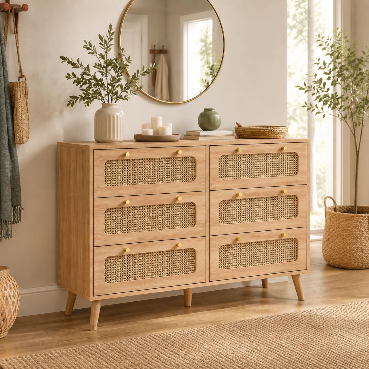 Commode à 6 tiroirs en Bois Style Nordique, Commode de Rangement avec Panneaux en rotin, Commode Chambre Adulte, Couleur Bois Naturel,100x34x73 cm