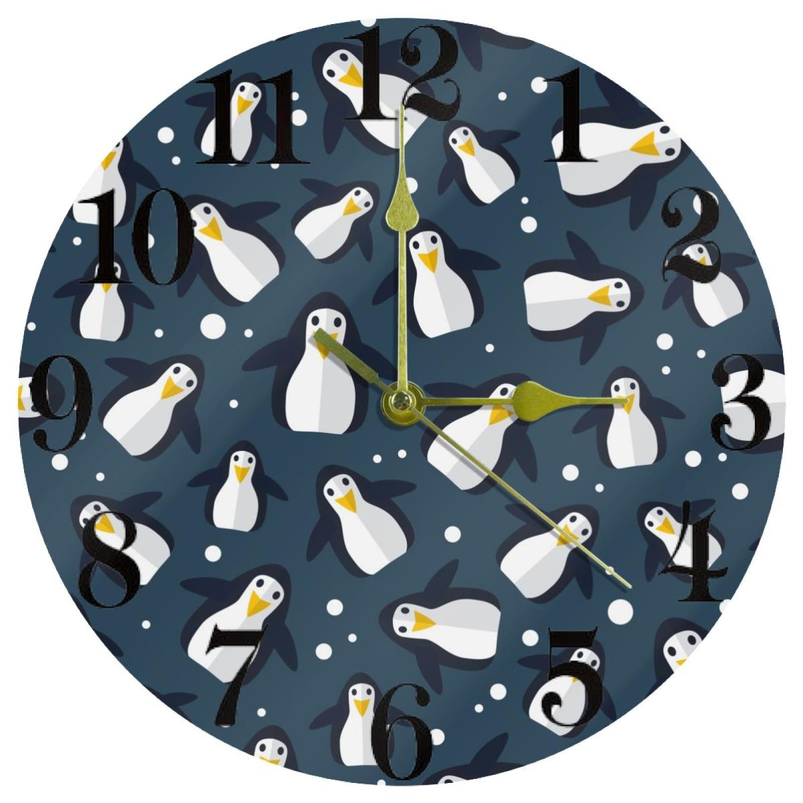 Horloge murale quartz sans tic-tac ronde à pile motif pingouins de banquise