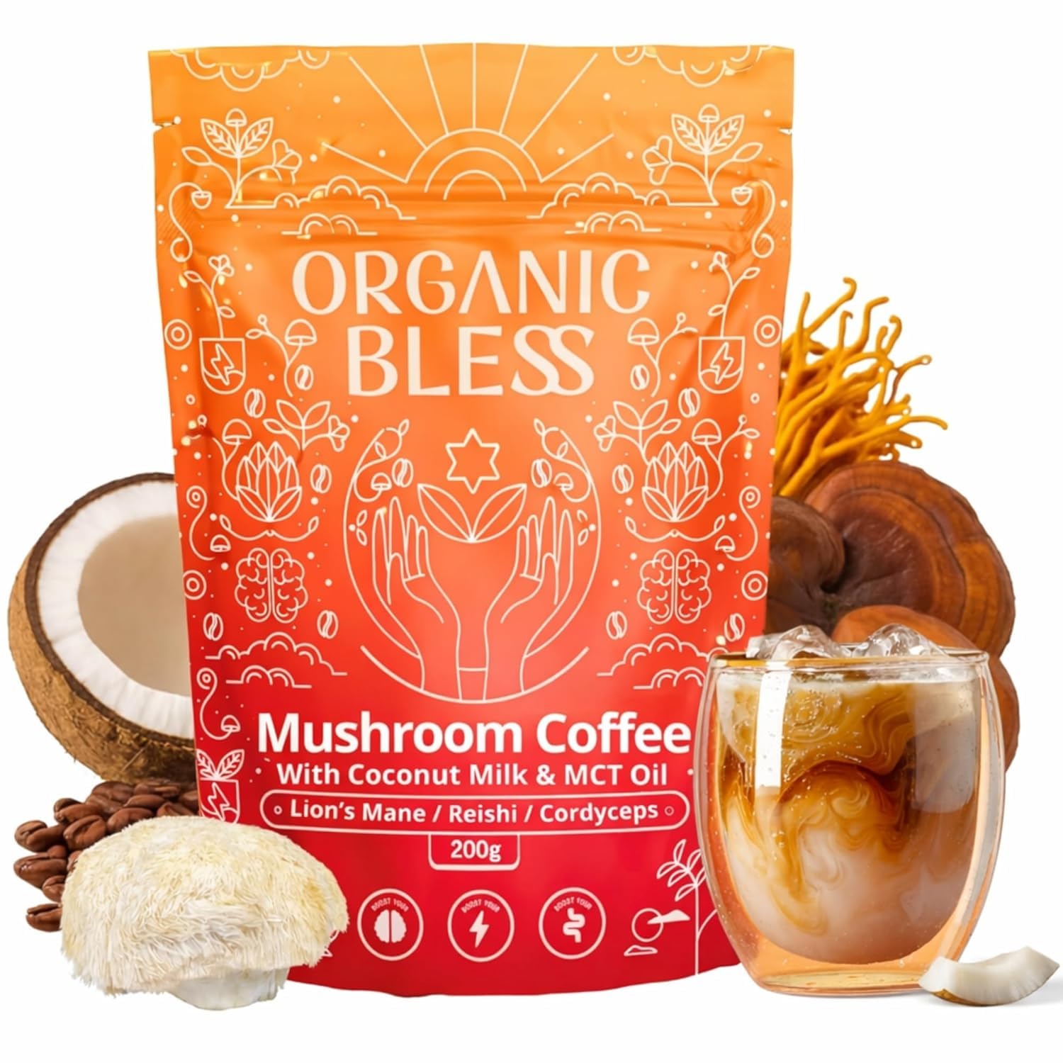 Organic Bless Instant Mushroom Coffee Powder – Organic Lion’s Mane, Reishi & Cordyceps Blend for Energy, Focus & Clarity – Adaptogenic Coffee with