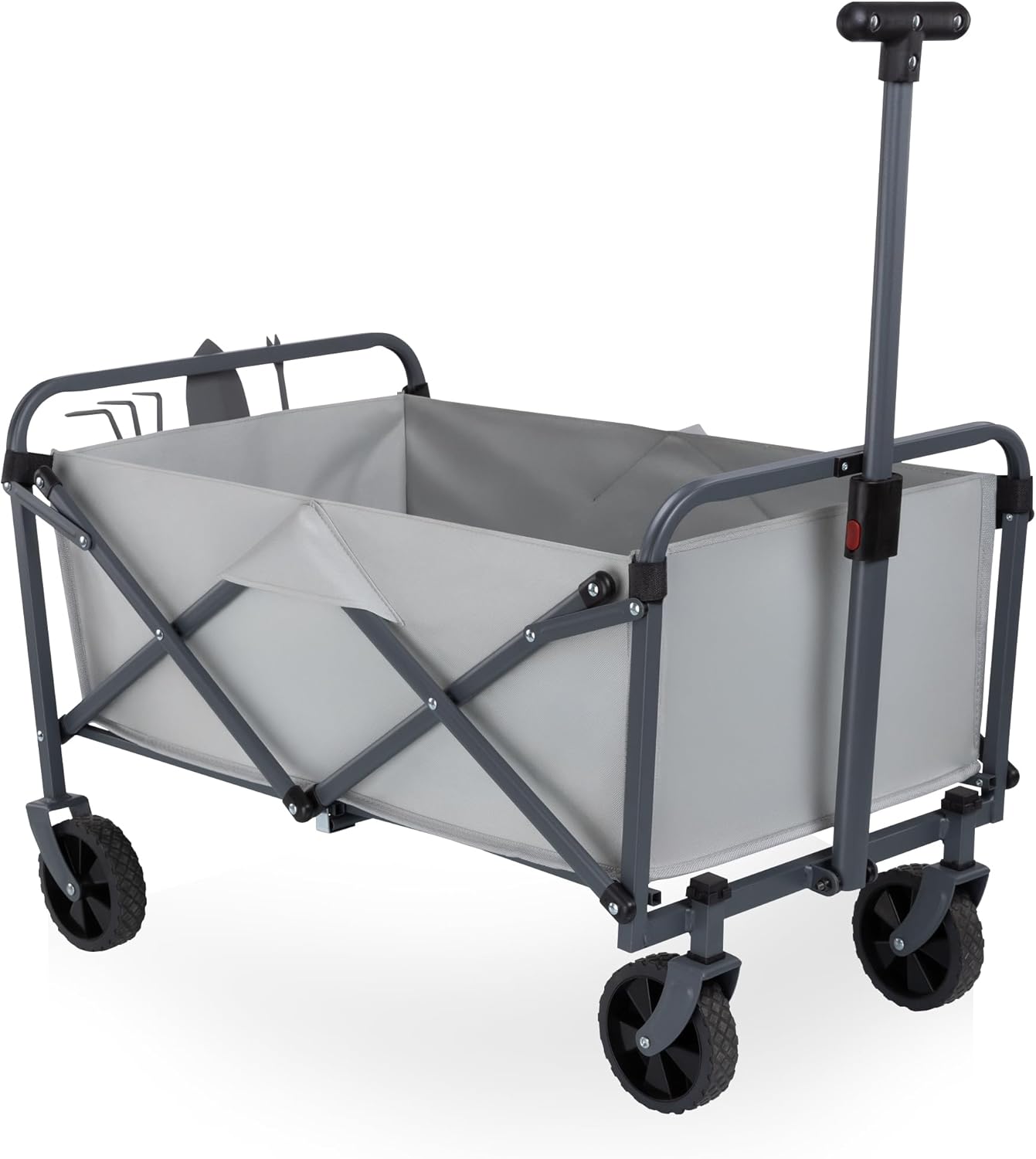 Picnic TIME Garden Wagon with 3 Piece Tools, Utility Cart with Wheels, Steel Frame Collapsible Wagon for Outdoor, Rolling Cart Featuring Telescopic Handle, Removable Insert, and Pockets, (Fog Gray)