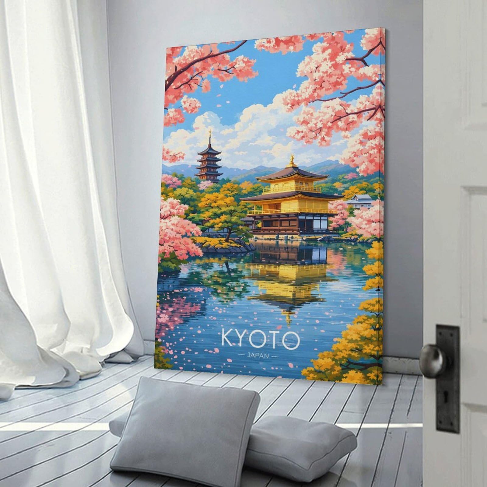 Junmoney Kyoto Golden Pavilion Cherry Blossoms Room Decor Wall Art, 24x36inch(60x90cm), for Entrance Spaces, Stair Walls Or Halls, A Stylish Accent for Home Entrances