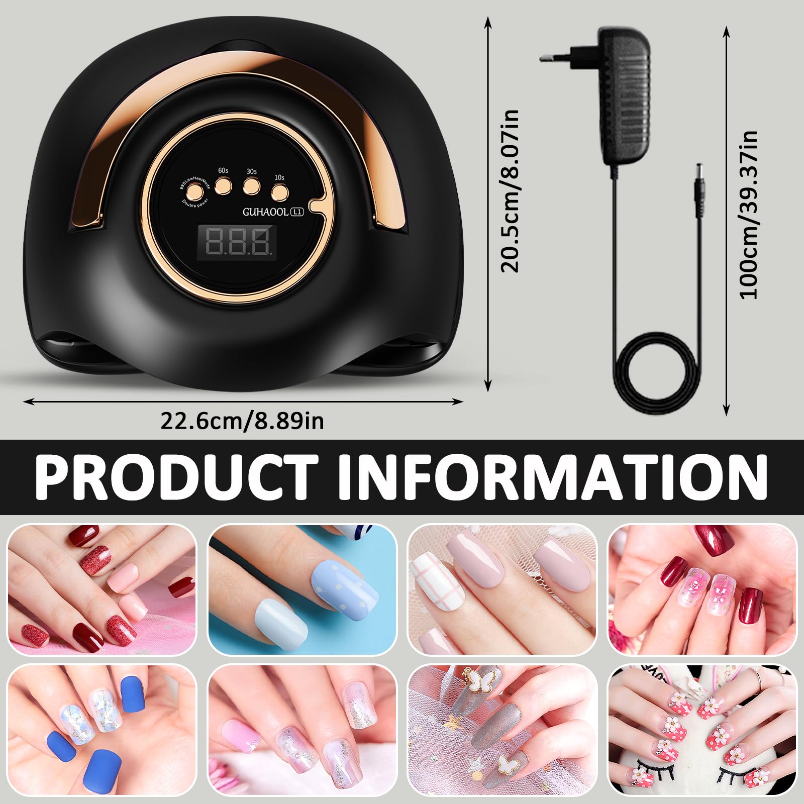 Lampada Unghie UV LED, 180W Fornetto Unghie Può Curare Rapidamente, con 4 Timer 10s/30s/60s/99s,Sensore Di Avvio Automatico, LCD Display Lampada per unghie per Gel Nail Polish Light, Nero
