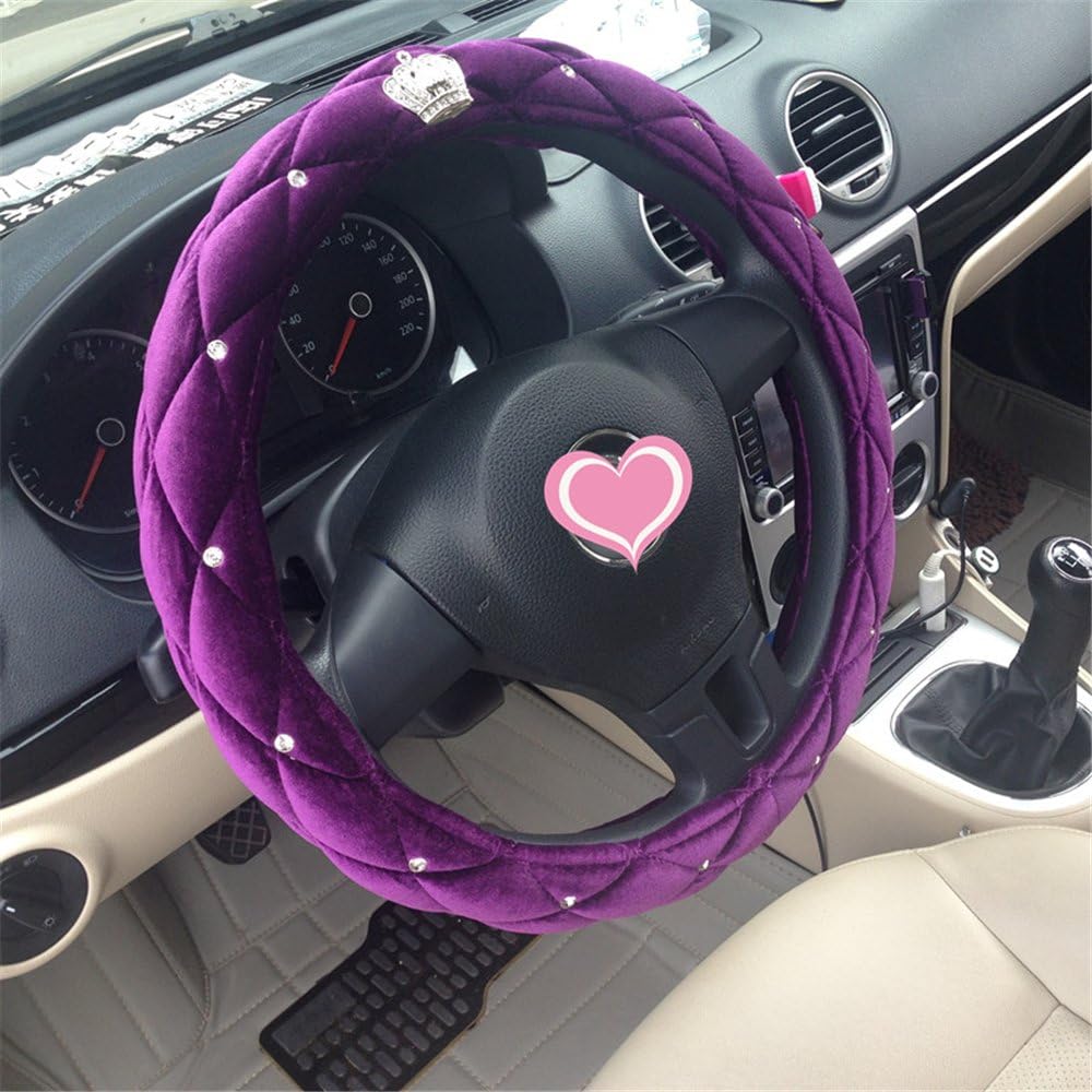 an Crown Shape Rhinestone Plush Cute Steering Wheel Covers for Winter car Accessories Interior for Girls Women DIY (Purple)