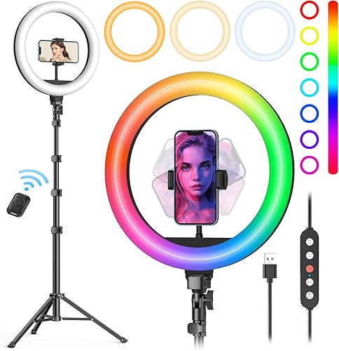 Miniatura 10 de Weilisi Anillo de luz de 12 pulgadas con soporte de 72 pulgadas de alto y 2 soportes para teléfono, 38 modos de color, luz para selfie con soporte
