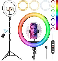 Ring light Weilisi de 25,4 cm com suporte de 182 cm de altura e suporte de telefone, luz de selfie com 38 modos de cores e tripé, LED regulável/vel. contínua, iPhone e Android, YouTube, maquiagem