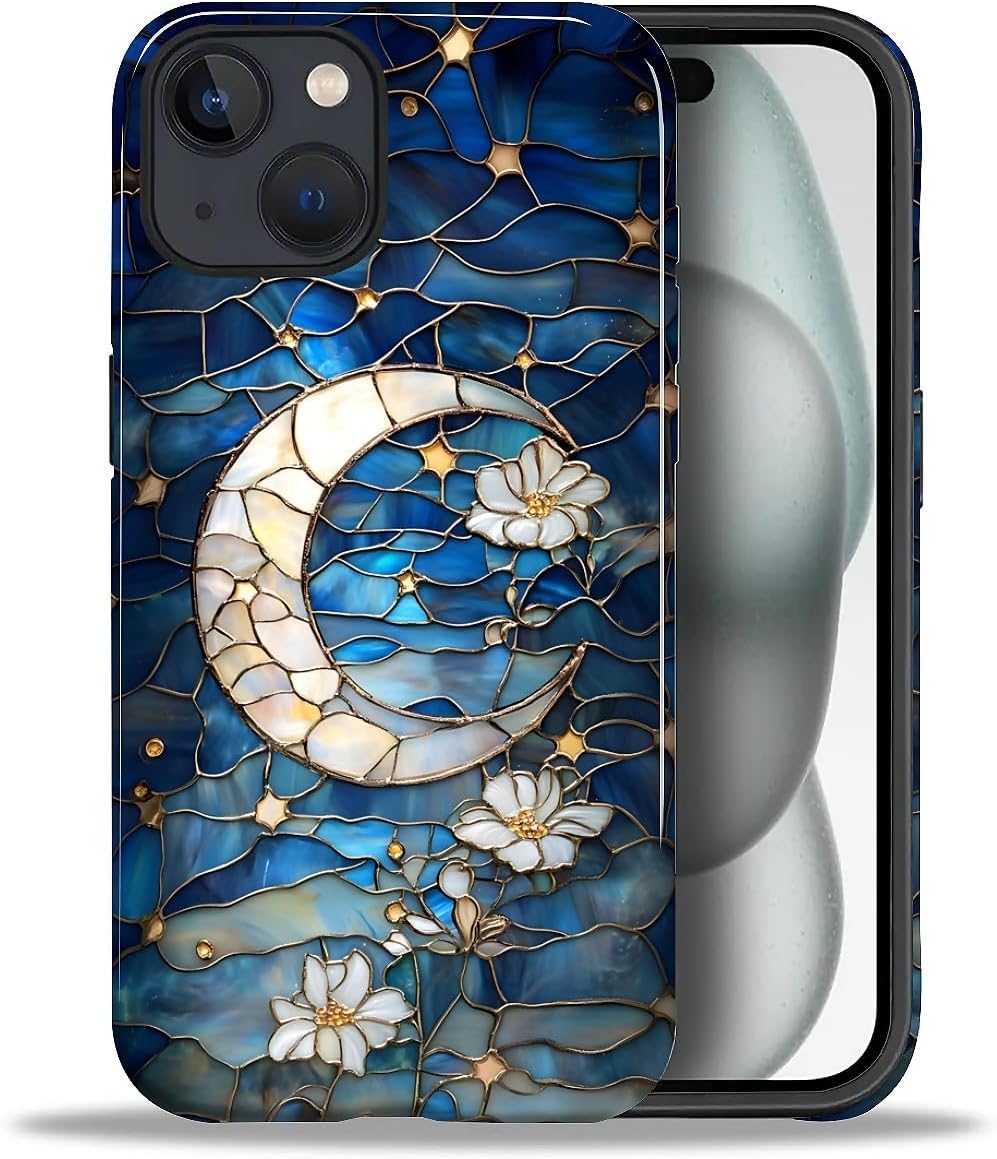 Case for iPhone 15, PC Hard Shell & Silicone Inner Bumper, Anti-Scratch Full-Body Cover Shockproof Slim Design -Night Sky Floral Moon Ocean