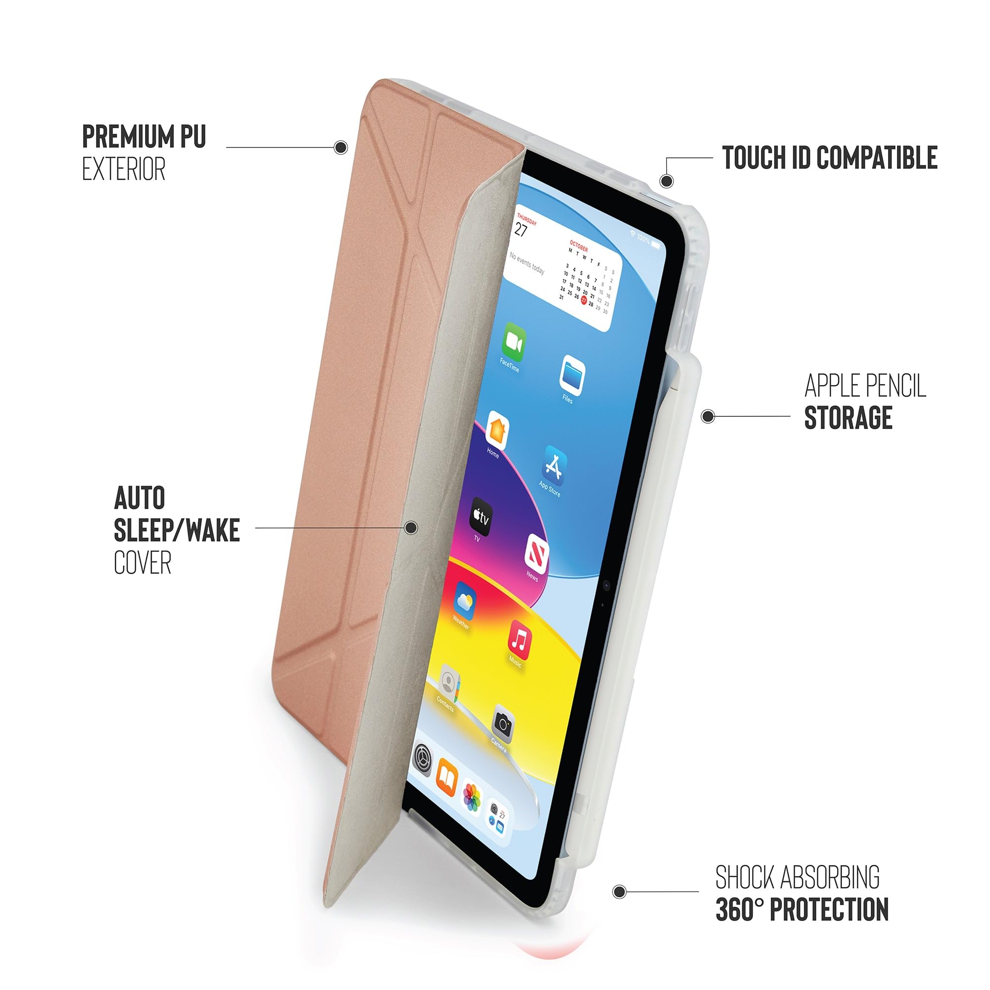 Pipetto Custodia in TPU Origami per iPad di 10a generazione (2022) | Custodia con supporto 5 in 1 resistente agli urti | Custodia Apple Pencil 1 | Custodia per iPad antibatterica al 99,9% - Oro rosa
