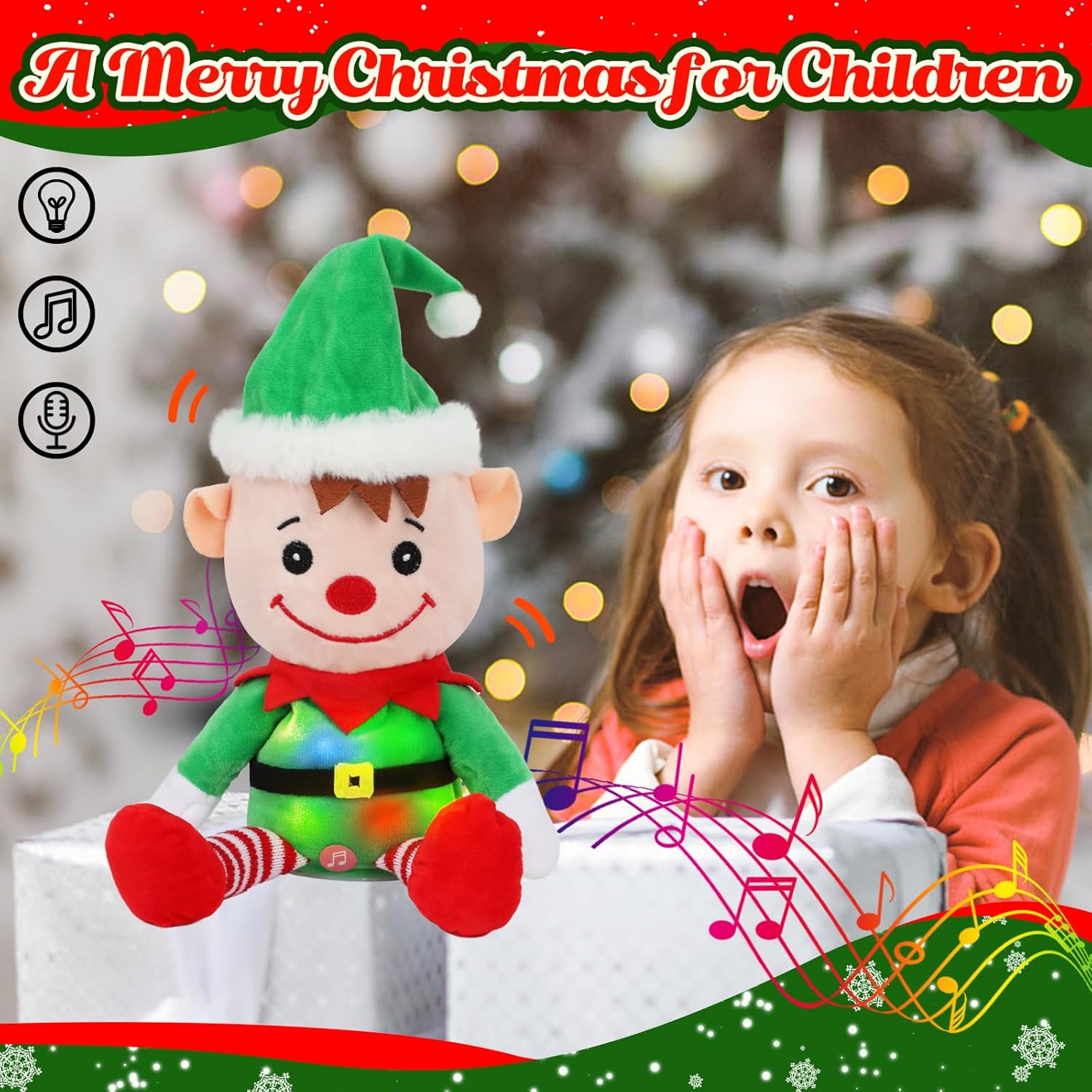 Hopearl Talking Elf Repeats What You Say Lighting up Nodding Electric Speaking Interactive Animated Toy Gifts for Toddlers, 8'' - Image 4