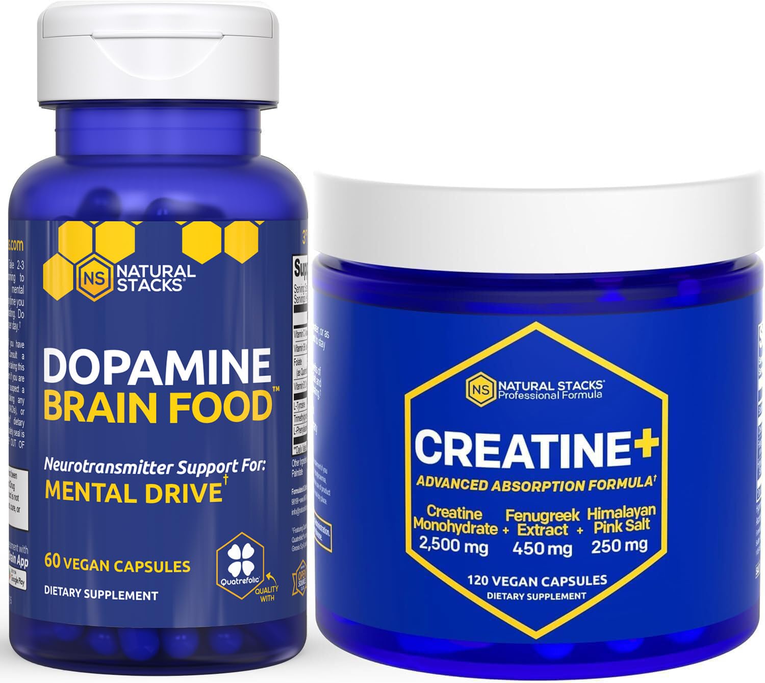NATURAL STACKS Dopamine Brain Food + Creatine Monohydrate Bundle - Supports Mentral Drive & Brain Health* - Advanced Absorption Formula - 180 Capsules