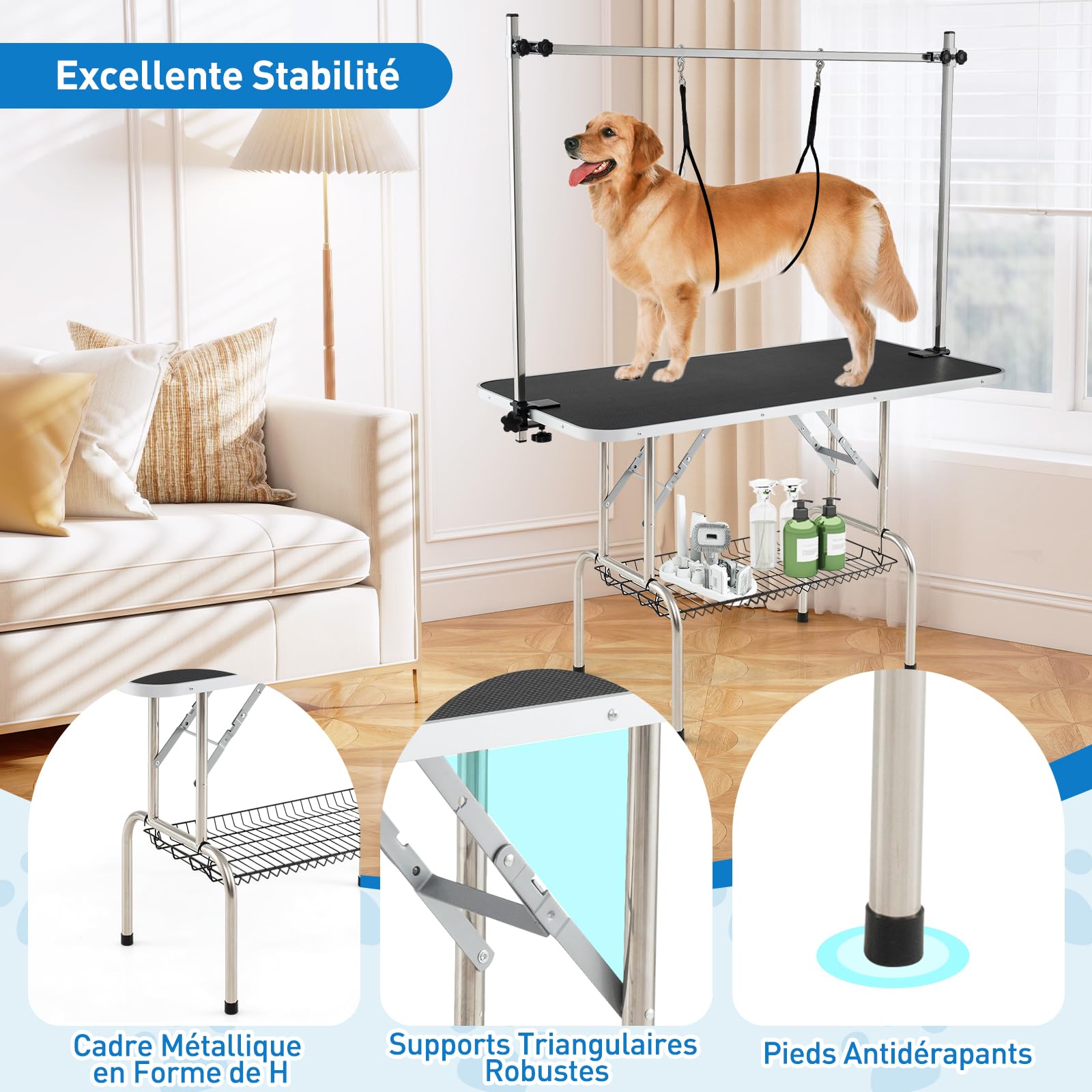 COSTWAY Table de Toilettage pour Chien Pliable, Bras Réglables en Hauteur, 2 Sangles, Pinces Amovible, Plateau Fond en Maille, Table Toilettage Chien Chat, Charge 150 kg, 125 x 61 x 162,5 cm