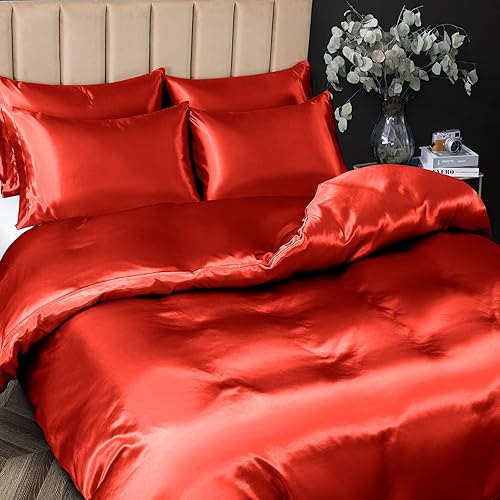 Miniatura 3 de P Pothuiny Juego de funda de edredón de satén de 5 piezas, tamaño matrimonialqueen, lujoso, sedoso, como rojo y naranja, con cierre de cremallera, 1