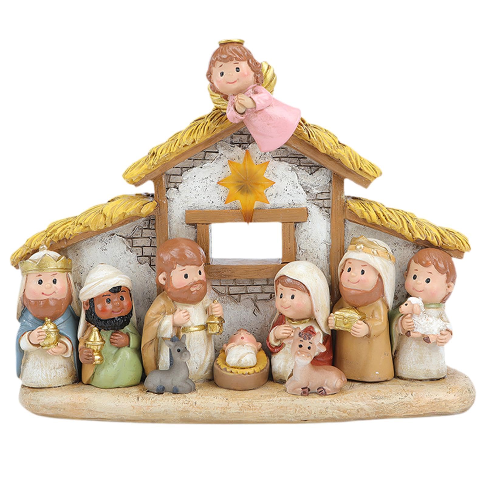 Fenteer Ensemble de Crèche de Noël en Résine Religieuse Miniature, Crèche de Noël, Polyrésine, Ornement de Dessin Animé avec Lumière, Décoration de Noël
