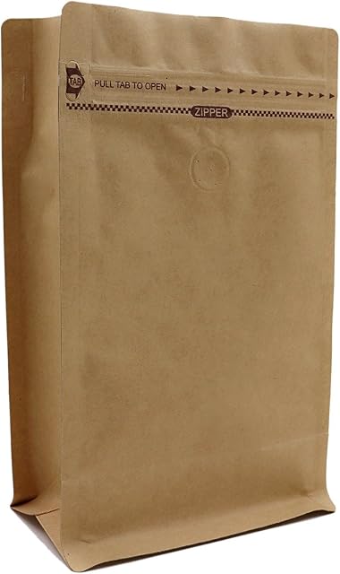1lb / 16oz Kraft Paper Stand Up Flat Bottom Side Gusset Pouch/Coffee Bag. with Degassing Valve and Resealable Pocket Zipper. Pack of 50