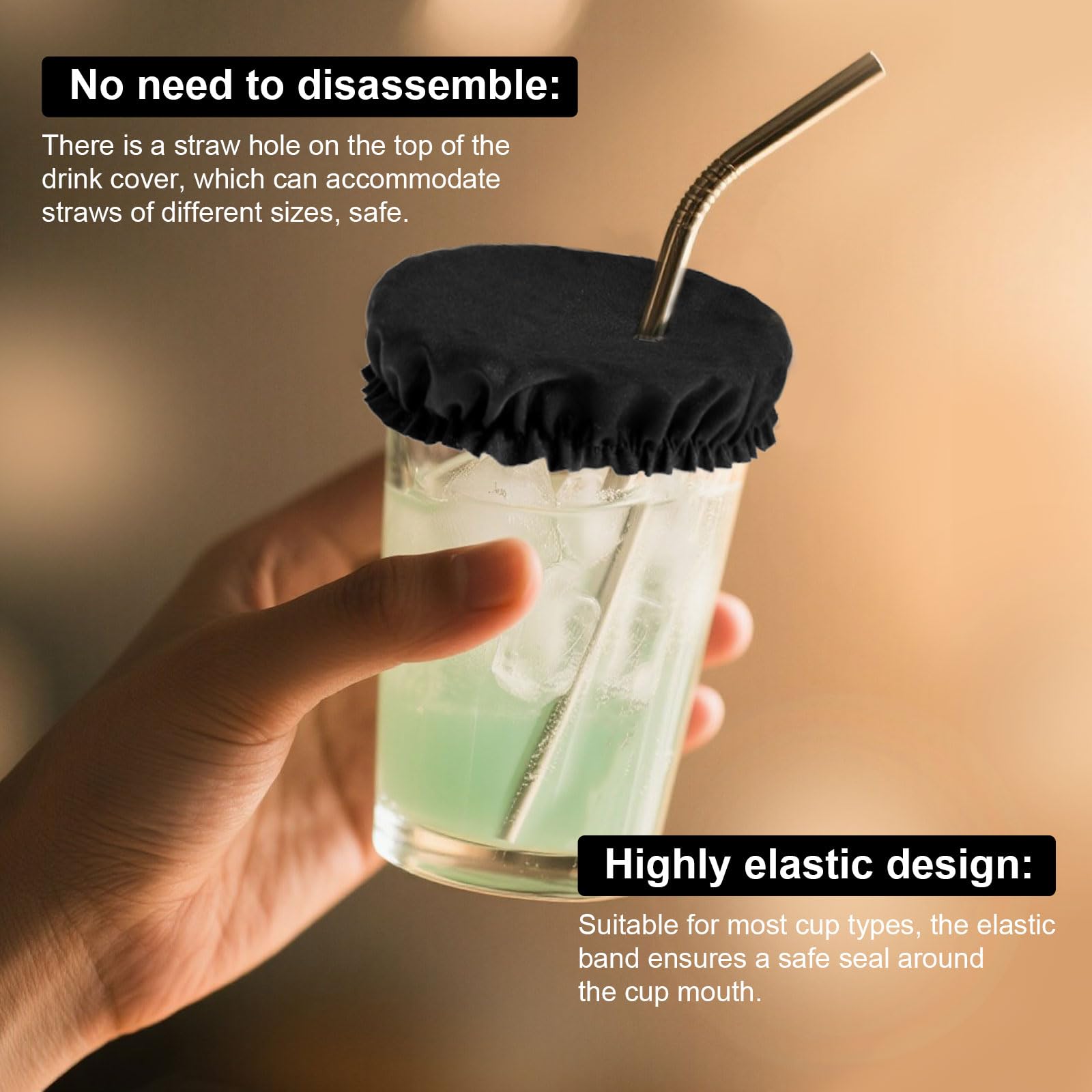 Tinoaly 100 Couvre Bouteilles, Lavables en Polyester avec Trou pour Paille Protections Noires Bouchons de Bouteille Compatibles avec la Plupart des Gobelets pour Femmes et Filles