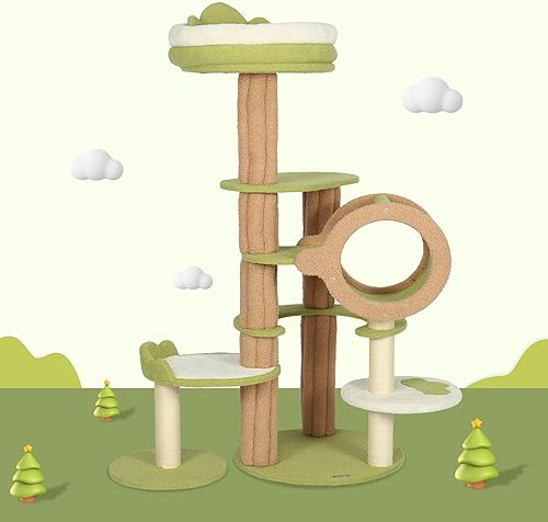 KAMABOKO Bonito árbol para gatos de 63 pulgadas, árbol estético para gatos con forro polar de peluche, túnel de gato, muebles únicos para gatos de