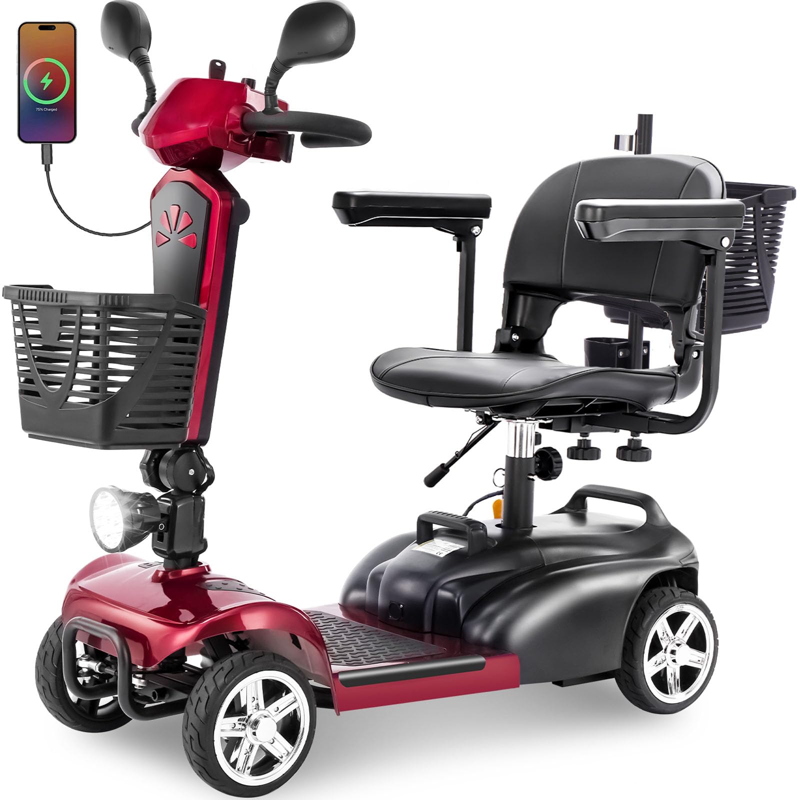 15/30/50Miles Eldryvon EV02A Mobility Scooter for Seniors, 350W Electric Powered Wheelchair with Dual Baskets, Rotating Wide Seat, 300Lbs All Terrain, Foldable Motorized Scooter for Adults, USB Charge