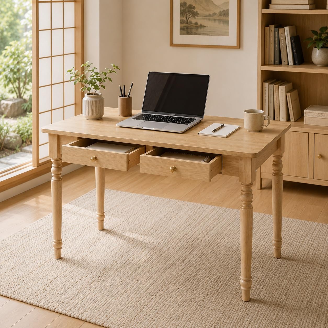 Amazon | デスク 幅120cm 天然木ラバーウッド無垢材 2杯引き出し 木製