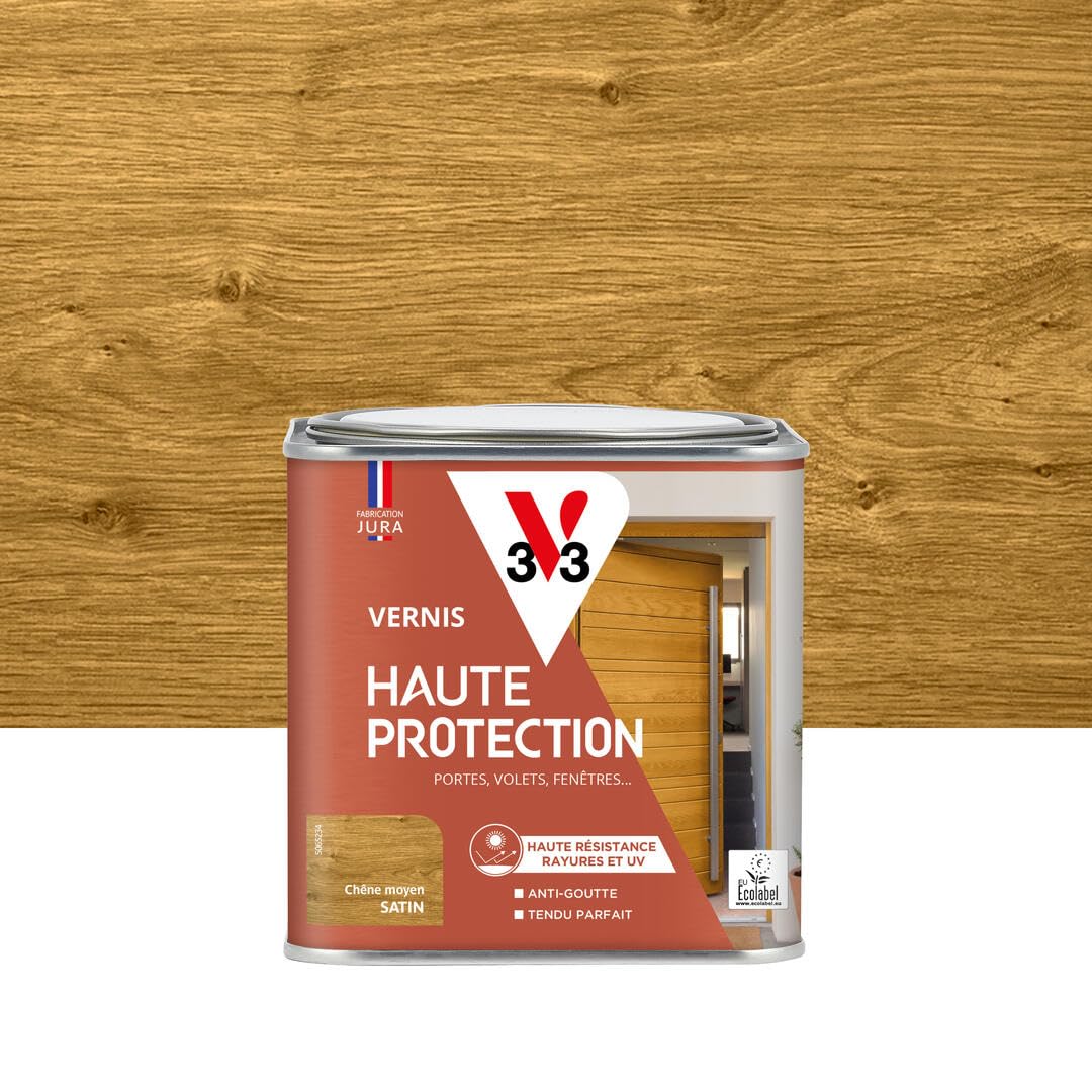 V33 Vernis bois extérieur Chêne moyen satin - Haute Protection - Haute résistance rayures et UV - Anti-​goutte et tendu bon - Ecolabel - 0,​5L