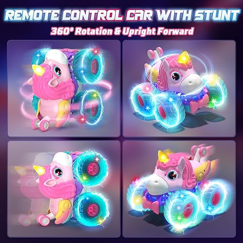 Miniatura 8 de Lehoo Castle Auto a control remoto para niñas con rotación de 360, camión monstruo unicornio con luz y música, 4WD todo terreno RC Stunt Car