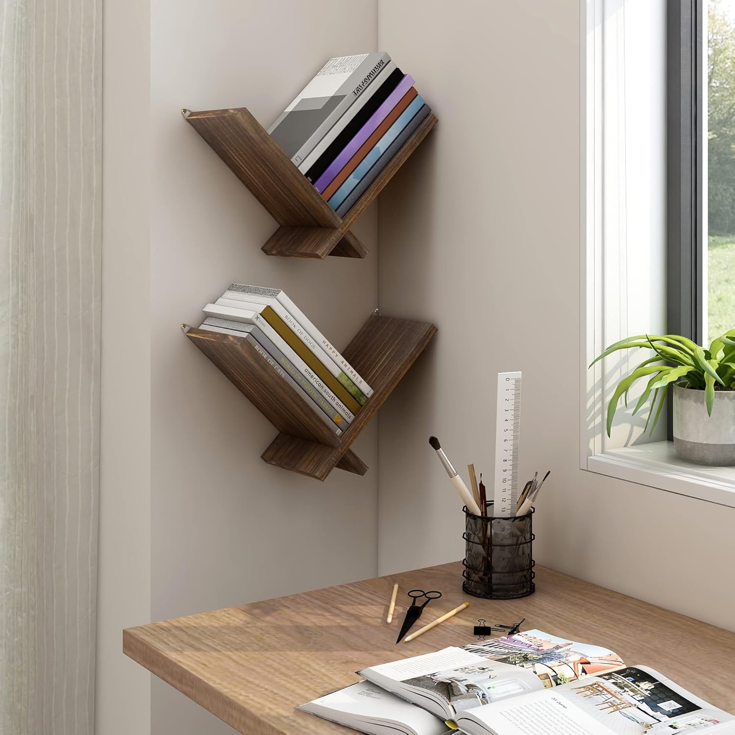 Floating Shelves for Wall, Funky Wall Mount Bookshelves Small Natural Wood Bookshelf Hanging Storage Organizer Modern Home Decor for Living Room Bedroom Study Tabletop, Set of 2 Brown