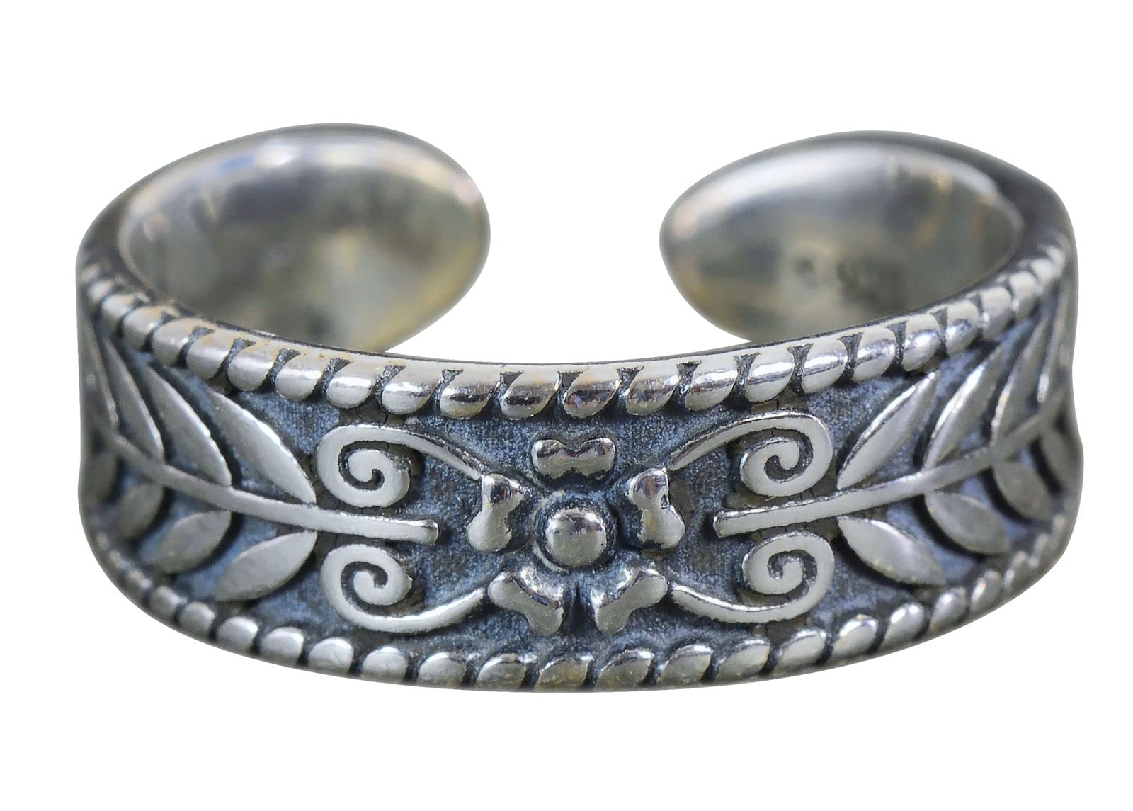 NicoWerk Anillo de plata de mujer vintage hecho en plata de ley 925 anillo de banda ennegrecida rama de olivo con patrón abierto ajustable SRI803