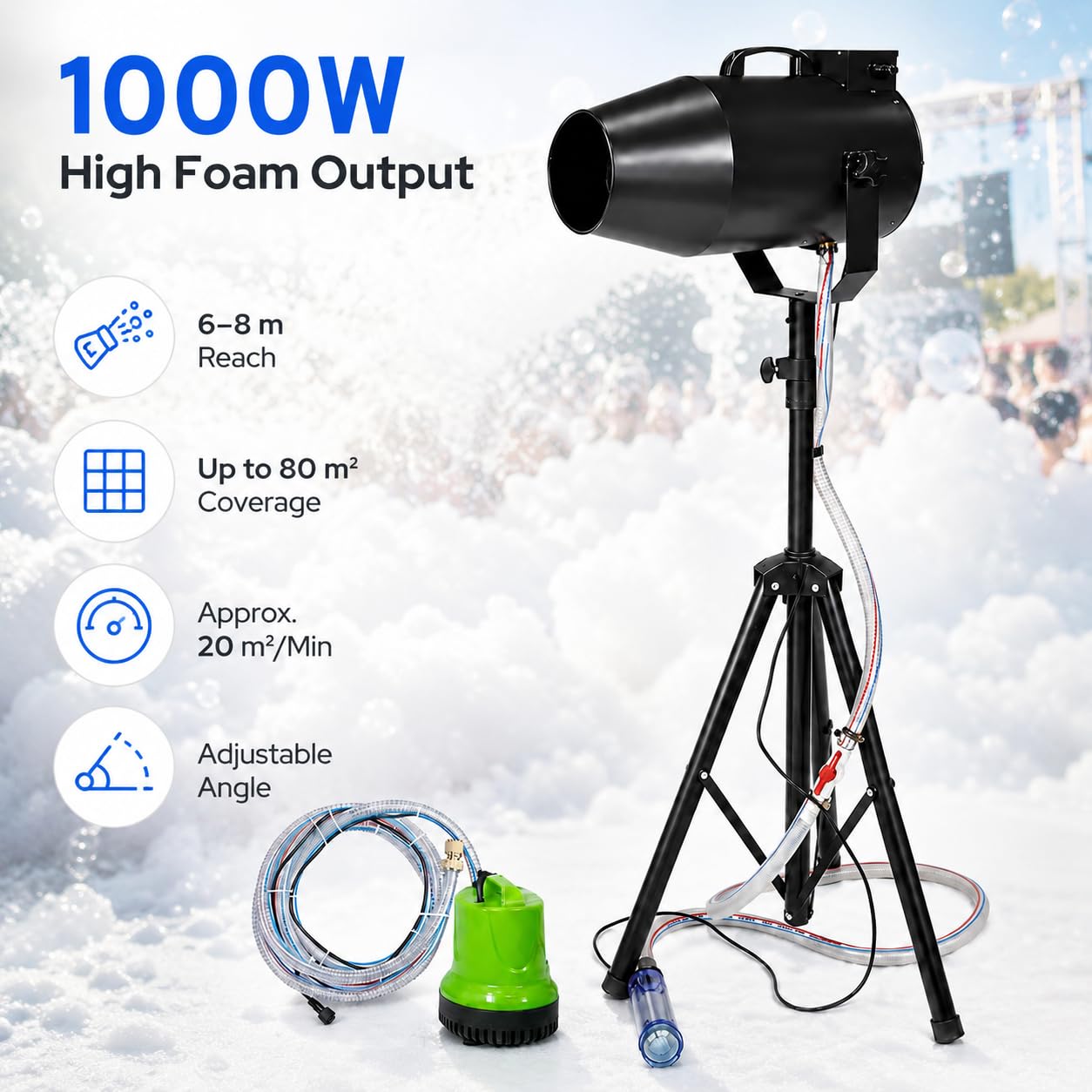 Máquina de espuma para fiestas al aire libre, 1000 W, cobertura de 80 m²