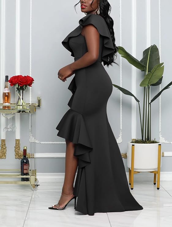 Asymmetric One Shoulder Falbala Mermaid Dress Sleeveless Women's Maxi Dress Ruffle Dress