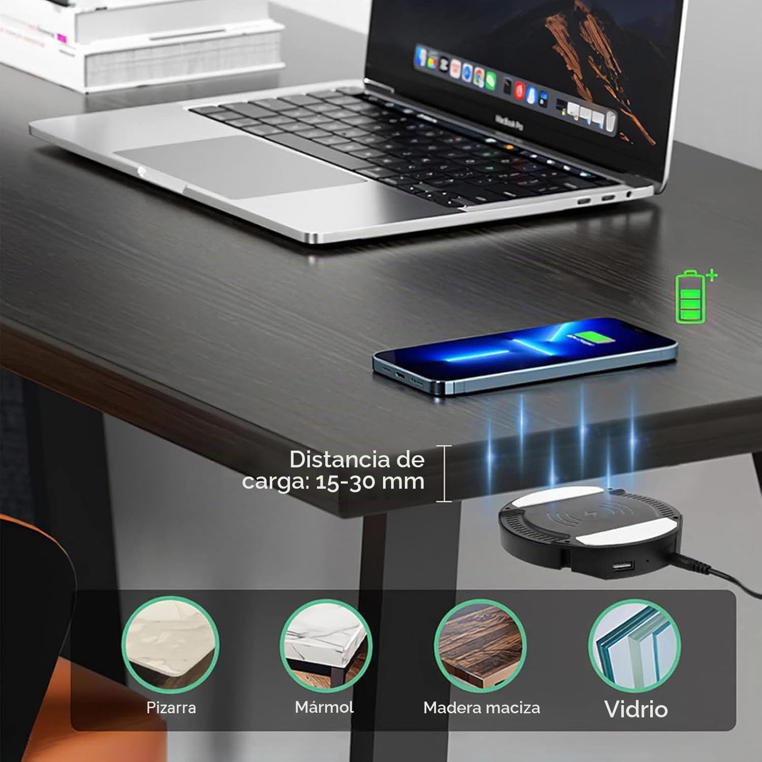 Cargador Invisible Inalámbrico, 22-32mm Bajo la Mesa Cargador QI 10W Carga Inalámbrica para Todos los Dispositivos Qi Estándar para el Grosor de la Barra/Mesa de Café/Espe(Color:Negro)